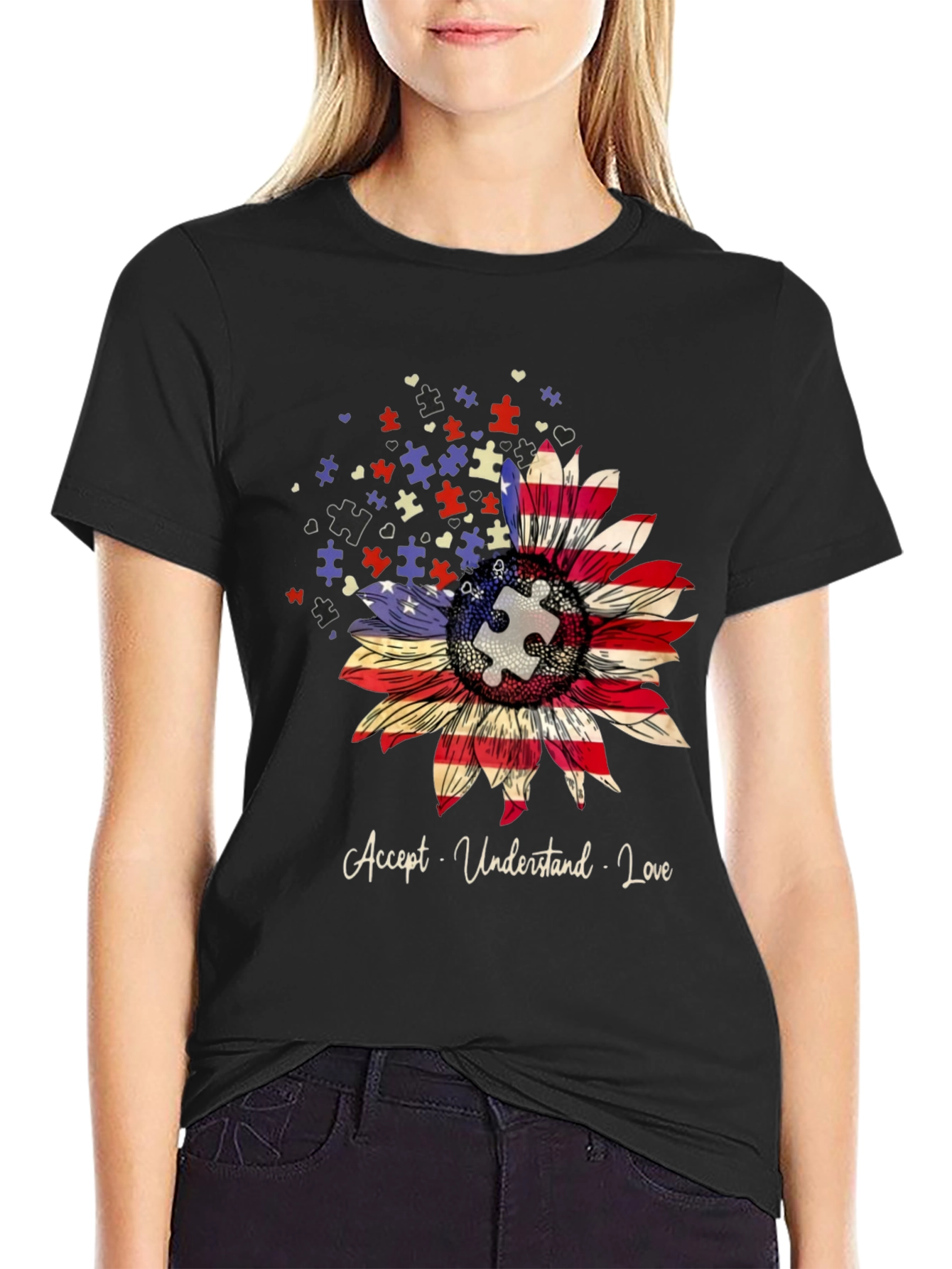 Autism Awareness USA Flag Sunflower T-Shirt