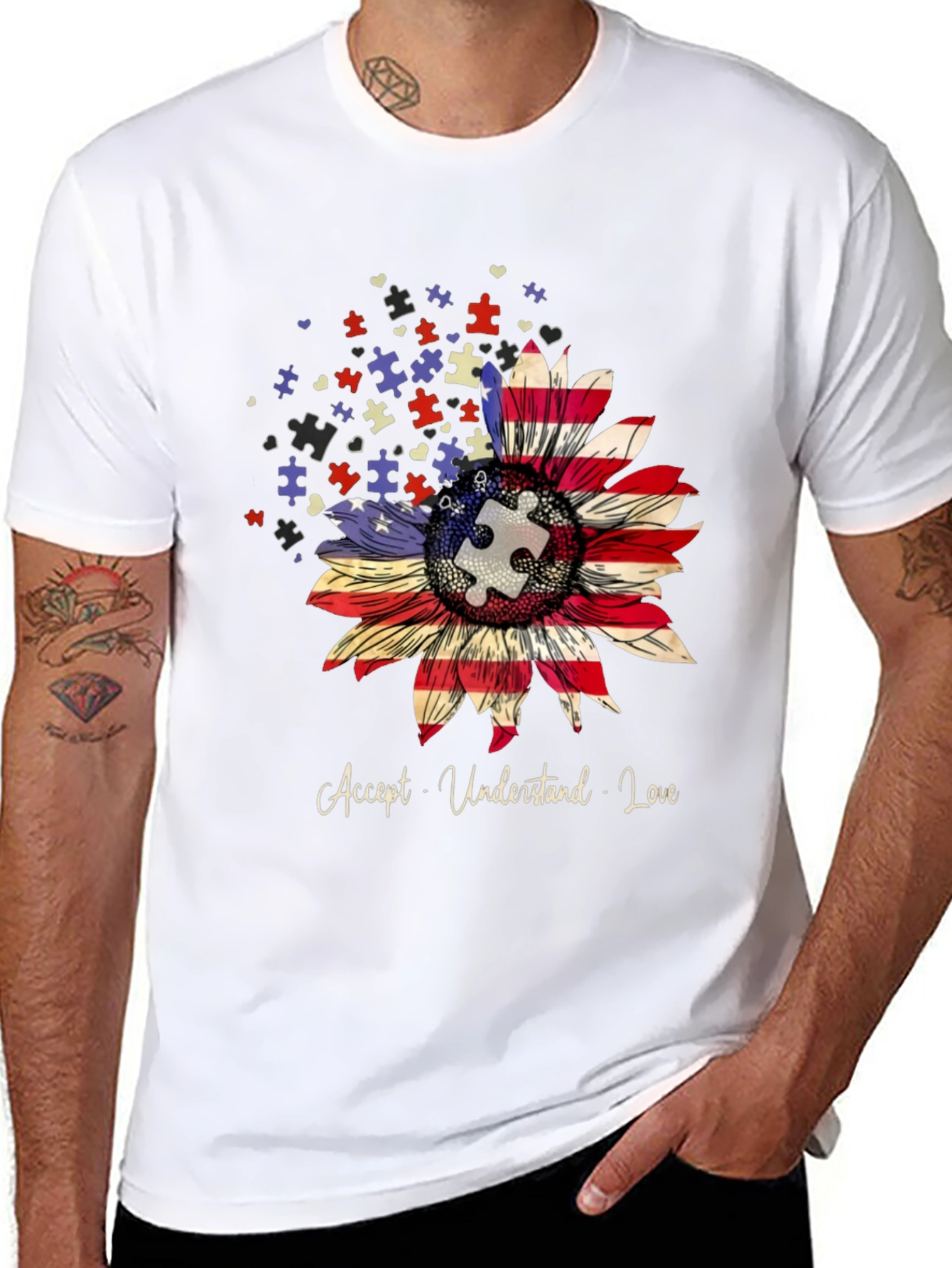 Autism Awareness USA Flag Sunflower T-Shirt