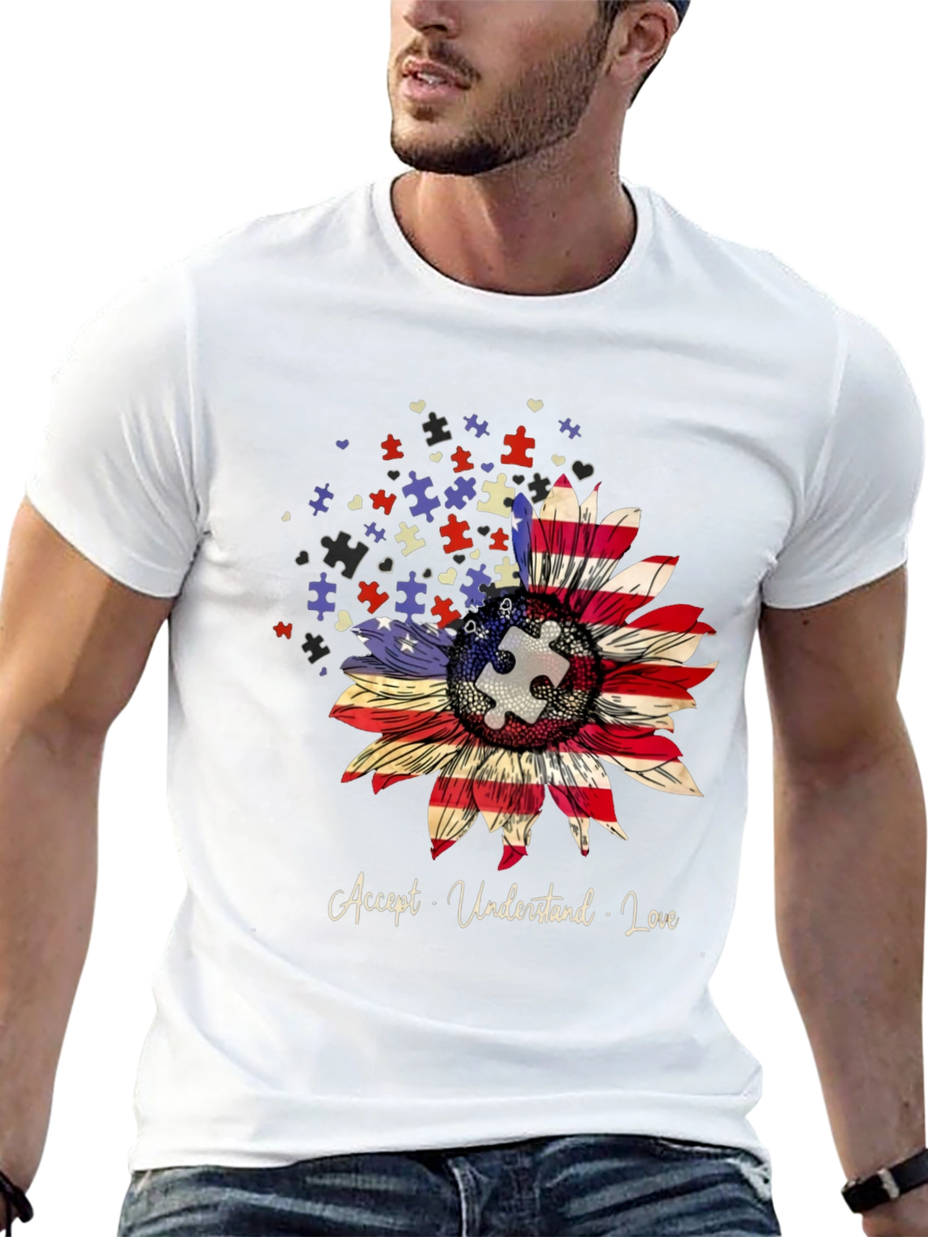 Autism Awareness USA Flag Sunflower T-Shirt