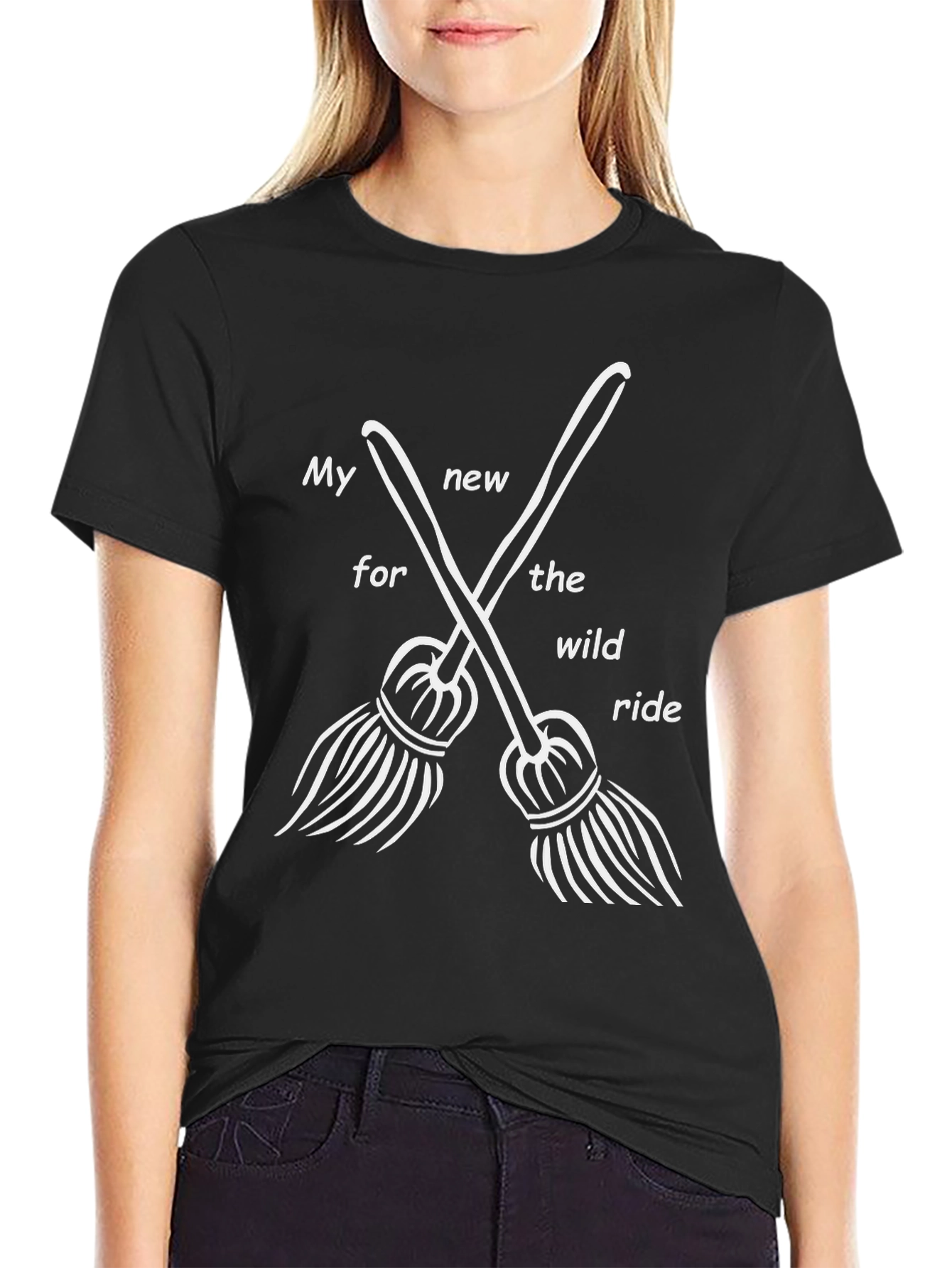 Wild Ride Witch Broom Graphic Tee - Black Cotton T-Shirt