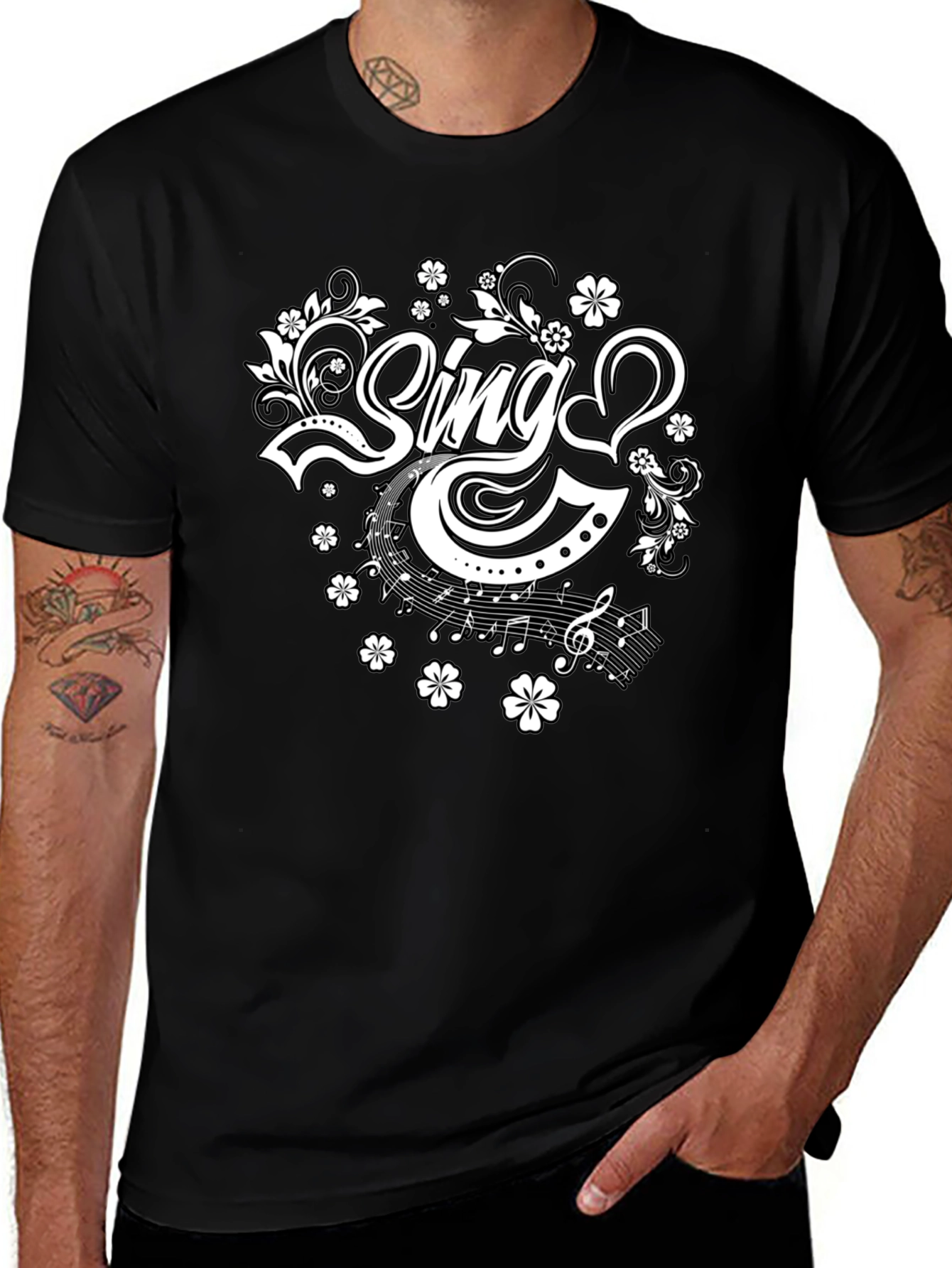 Sing Floral Graphic Tee - Black Cotton T-Shirt