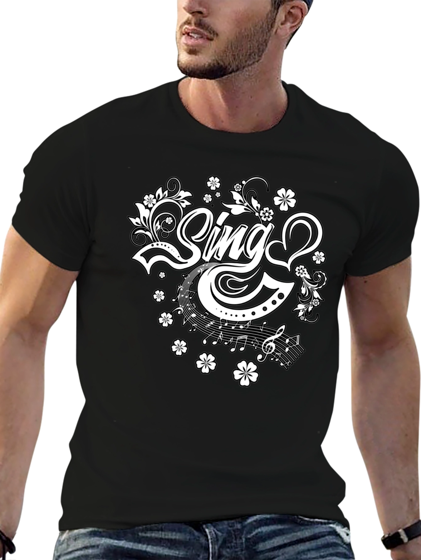 Sing Floral Graphic Tee - Black Cotton T-Shirt