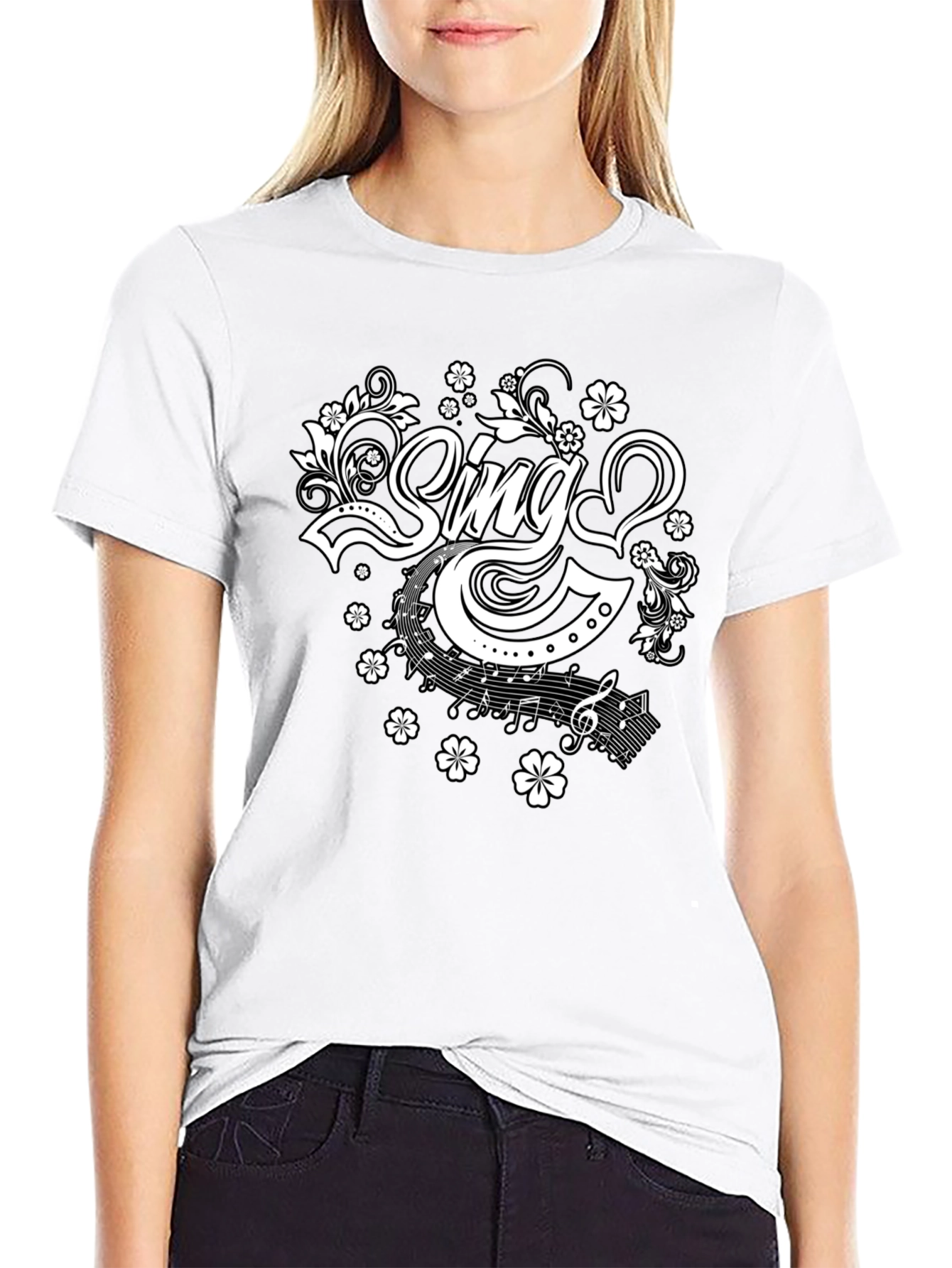Sing Floral Graphic Tee - Black Cotton T-Shirt
