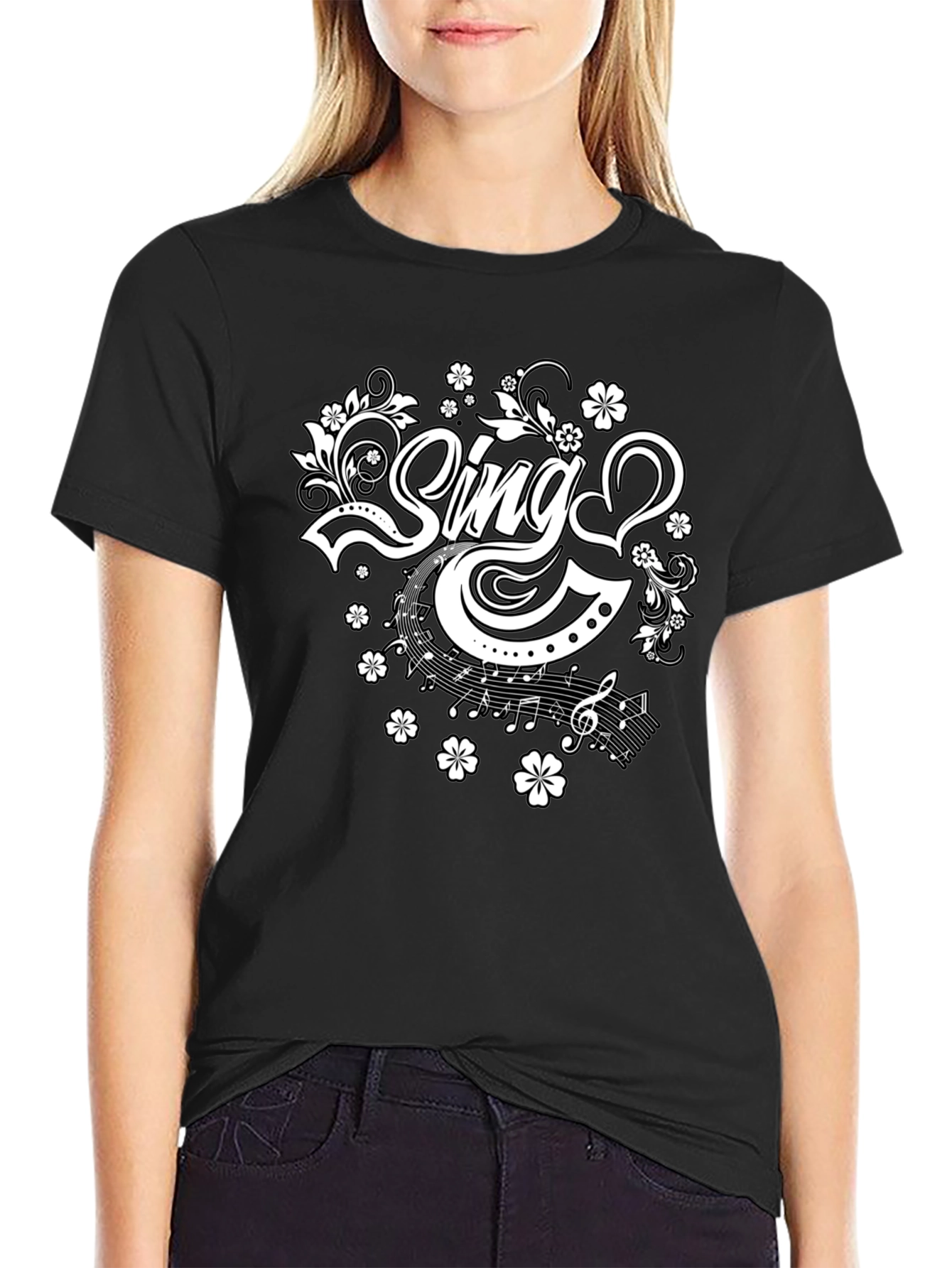 Sing Floral Graphic Tee - Black Cotton T-Shirt