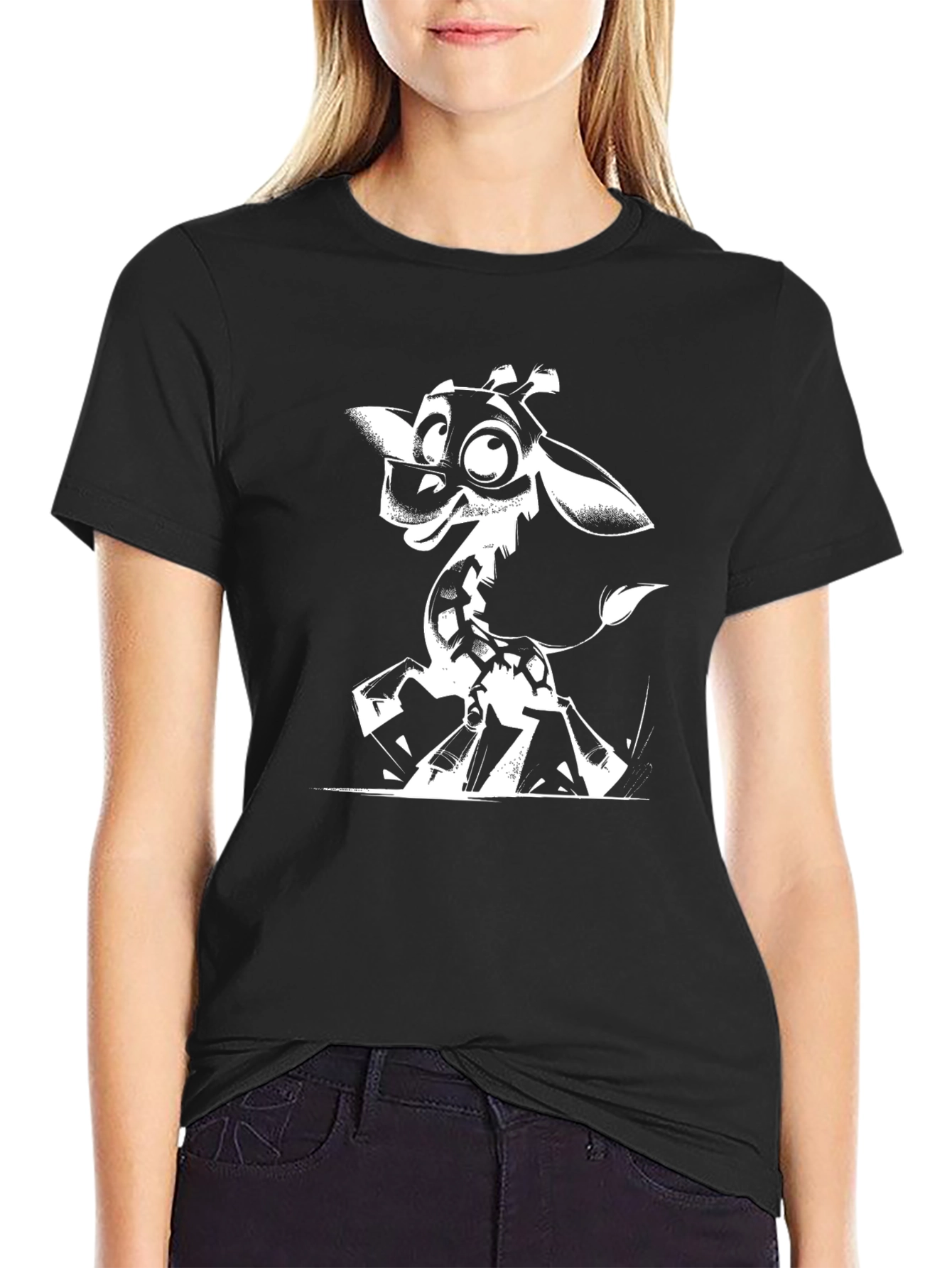 Black Giraffe Cartoon Graphic Tee