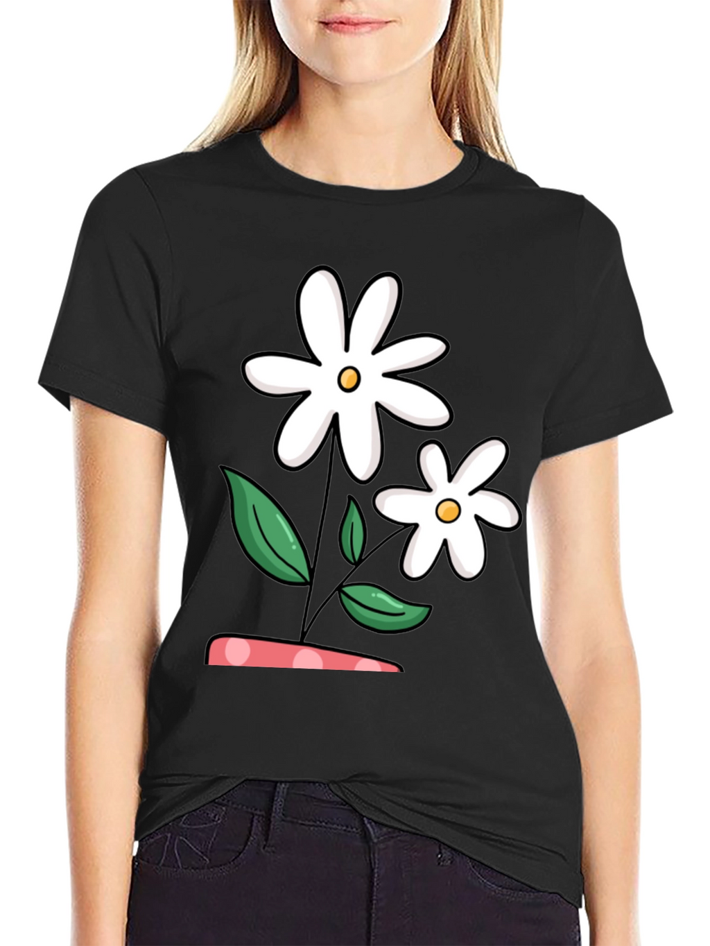 Daisy Flower Graphic Black T-Shirt