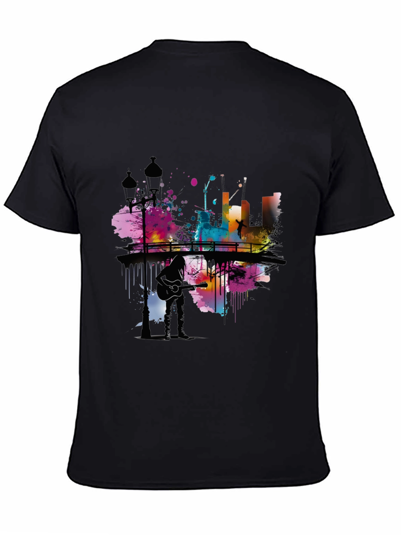Abstract Cityscape Guitar Player Graphic T-Shirt