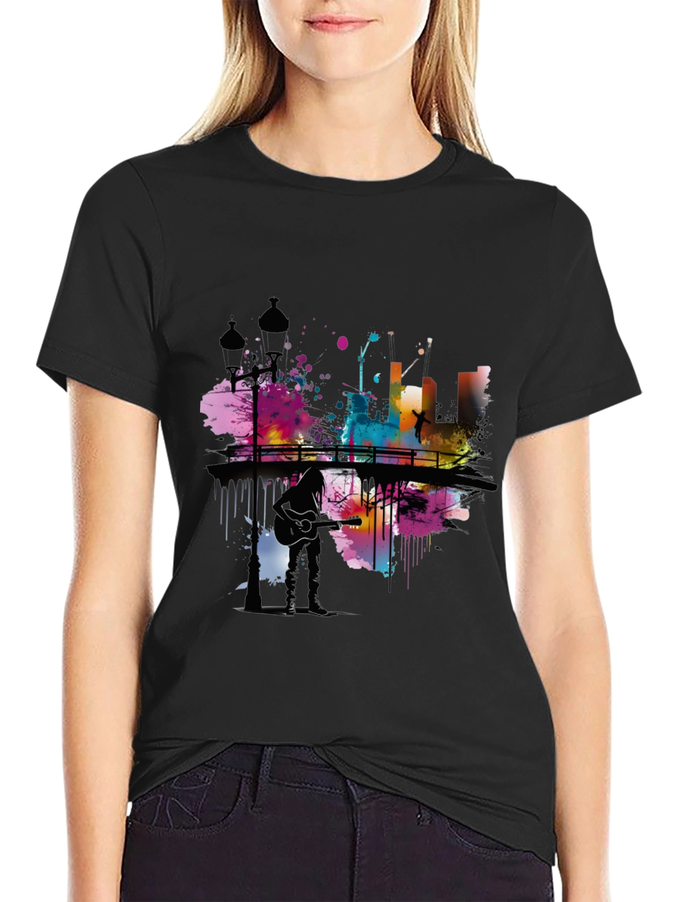 Abstract Cityscape Guitar Player Graphic T-Shirt
