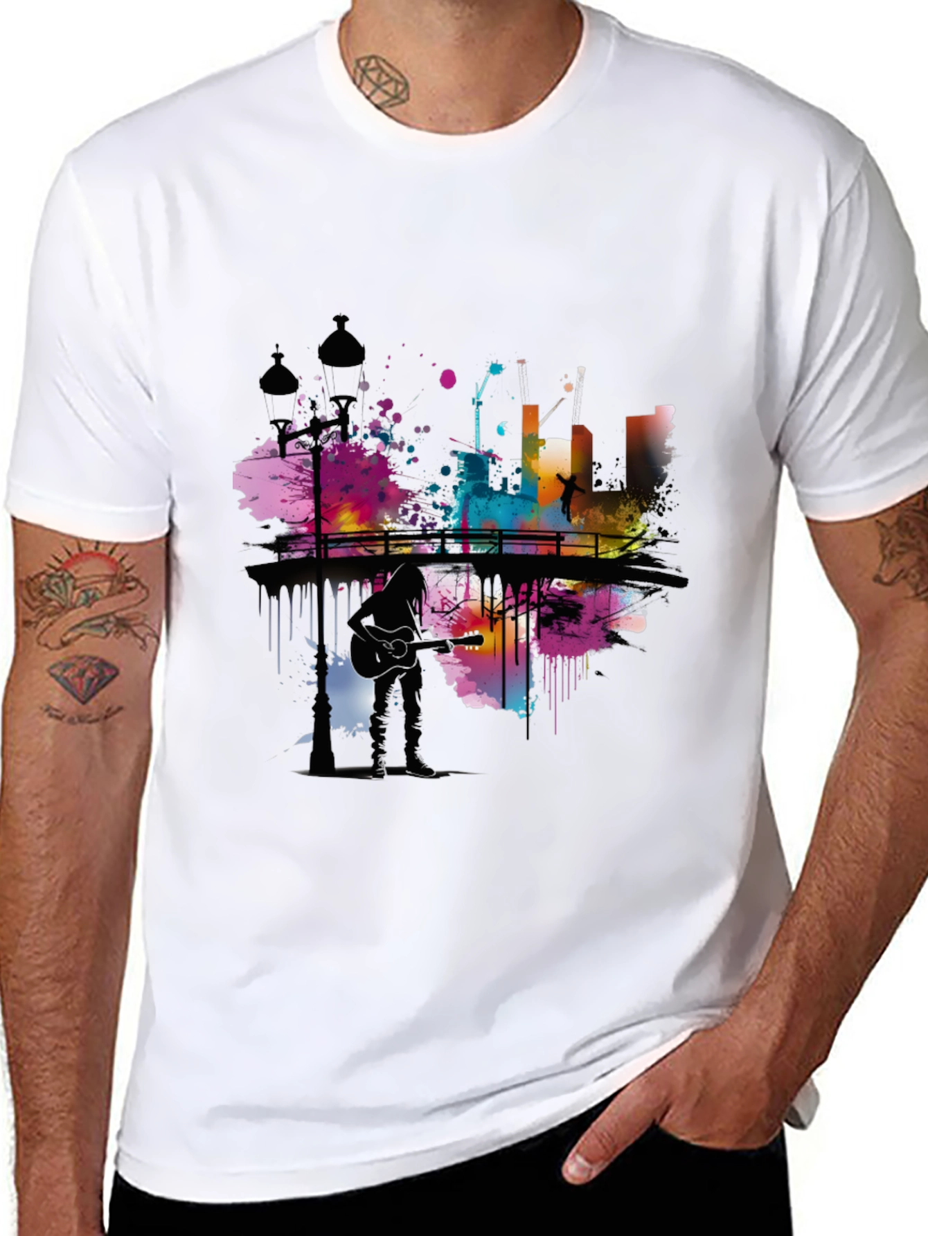 Abstract Cityscape Guitar Player Graphic T-Shirt