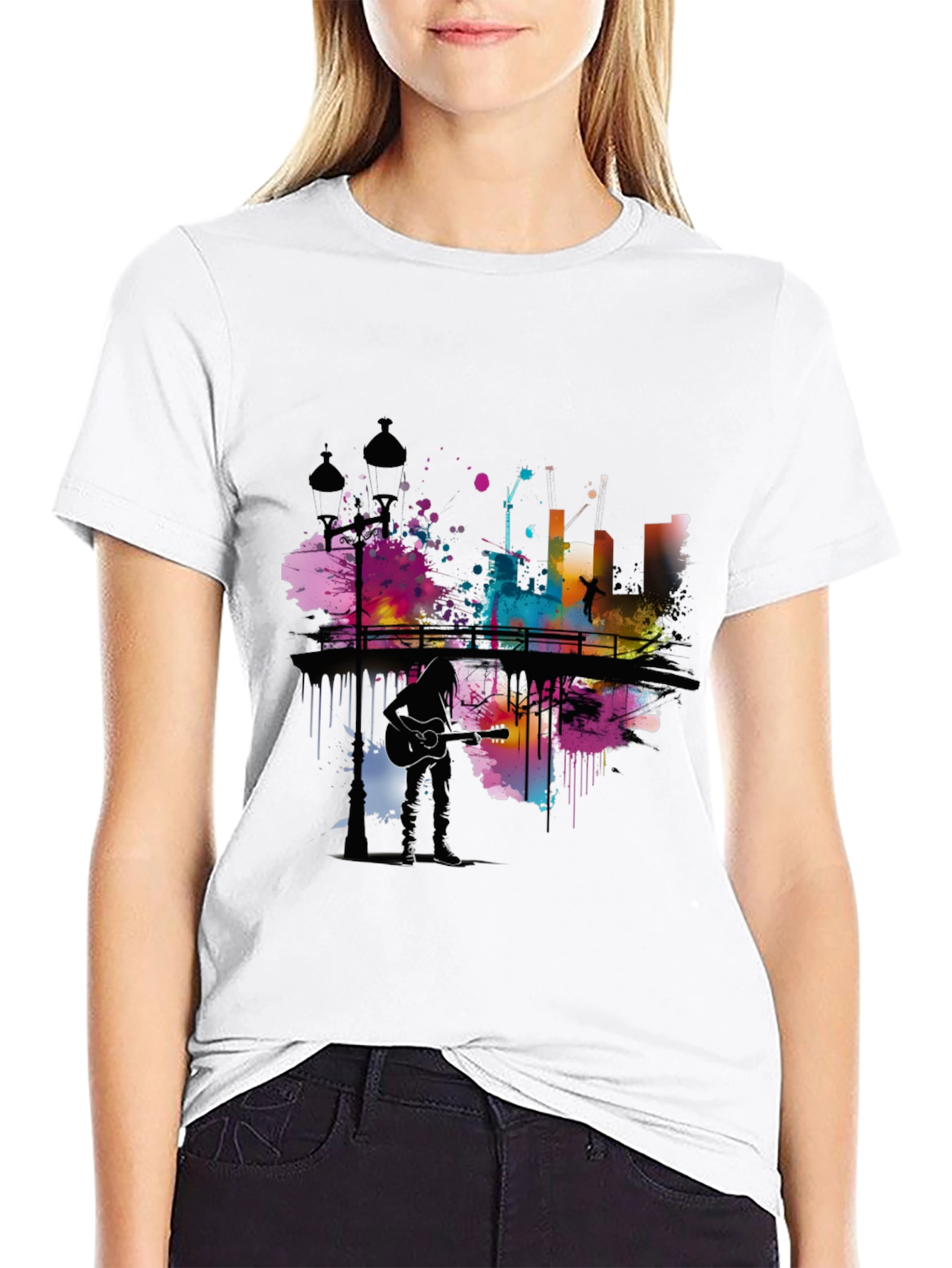 Abstract Cityscape Guitar Player Graphic T-Shirt