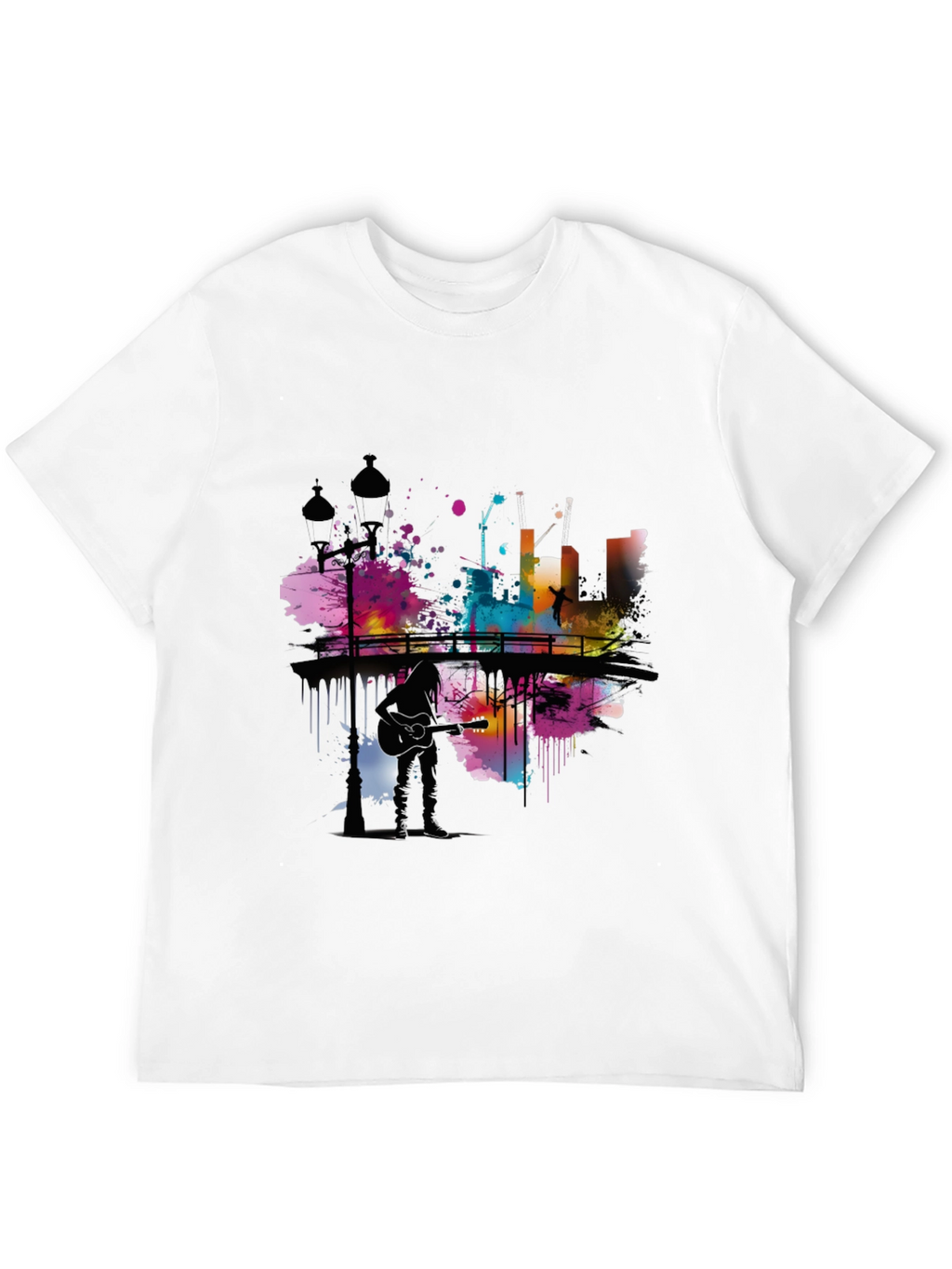 Abstract Cityscape Guitar Player Graphic T-Shirt