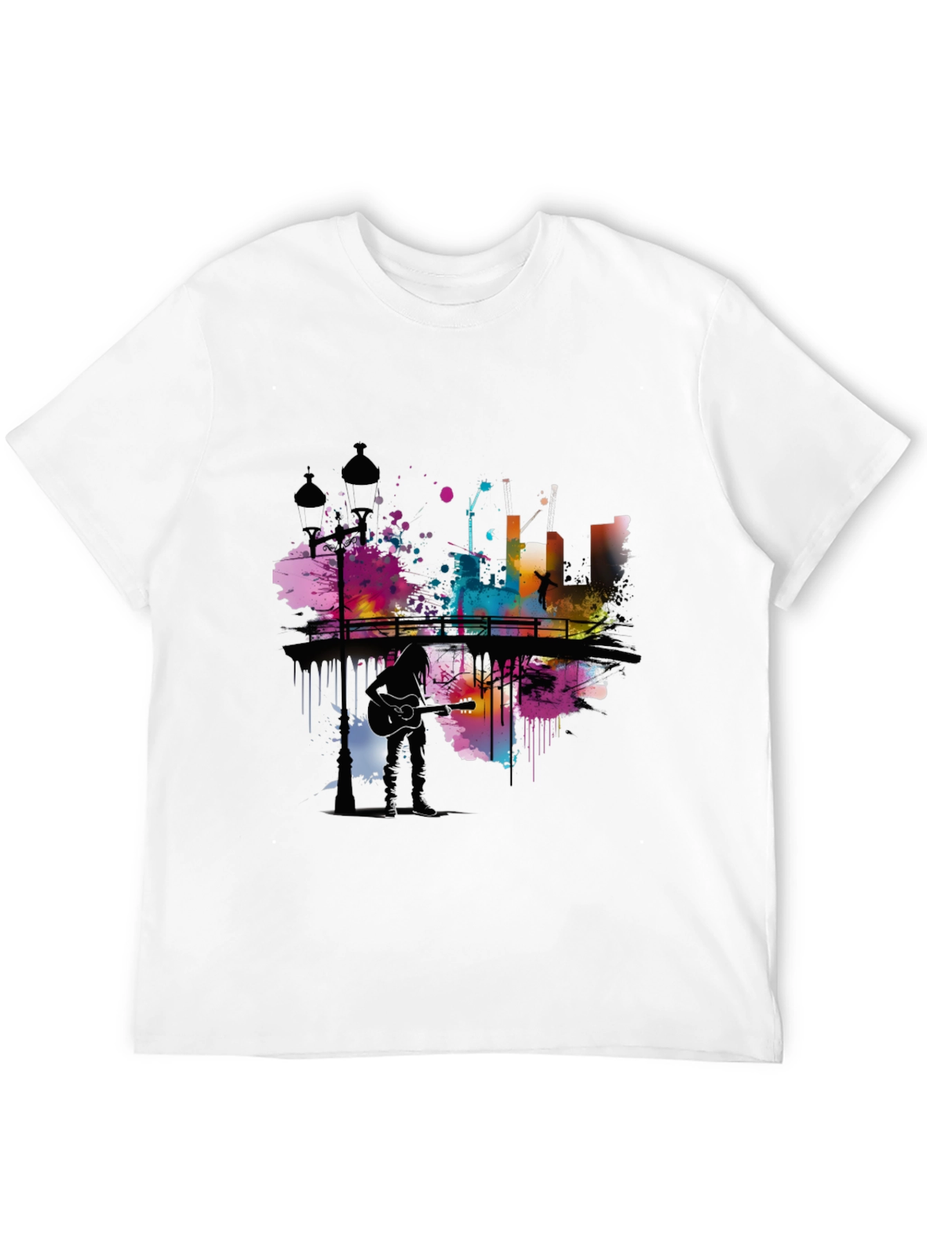 Abstract Cityscape Guitar Player Graphic T-Shirt
