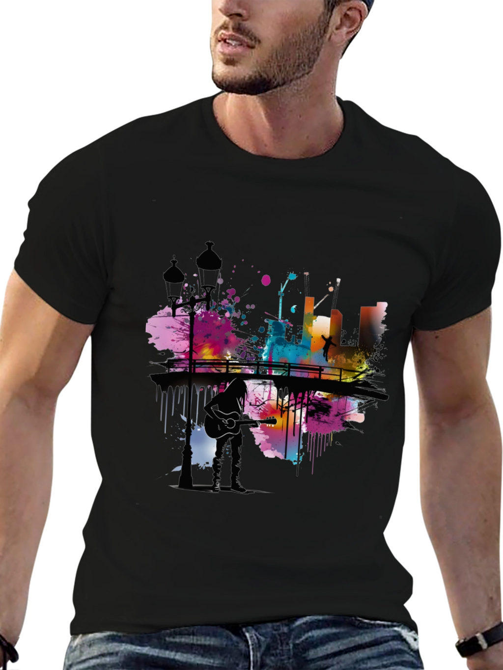 Abstract Cityscape Guitar Player Graphic T-Shirt