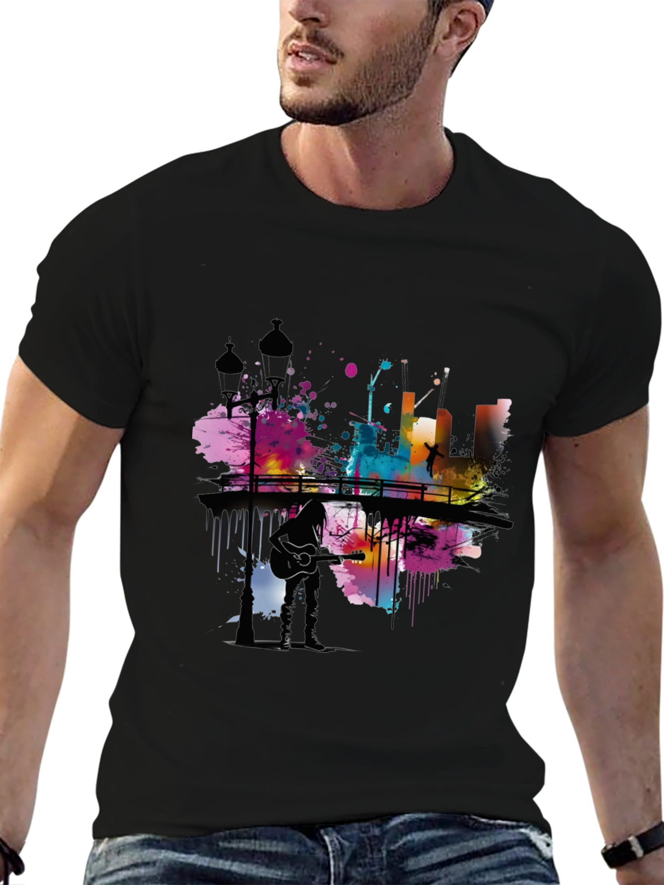 Abstract Cityscape Guitar Player Graphic T-Shirt