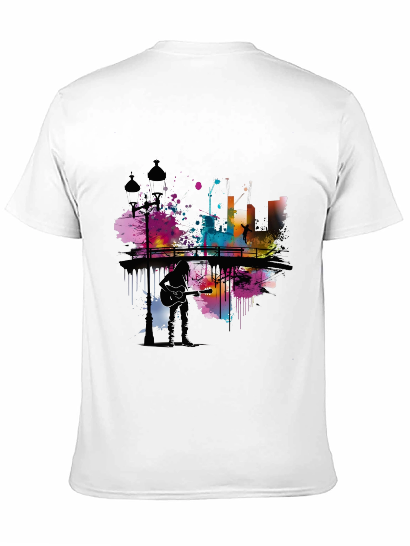 Abstract Cityscape Guitar Player Graphic T-Shirt