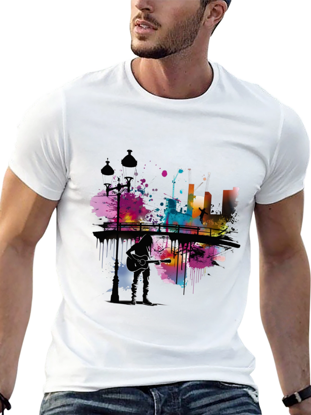 Abstract Cityscape Guitar Player Graphic T-Shirt