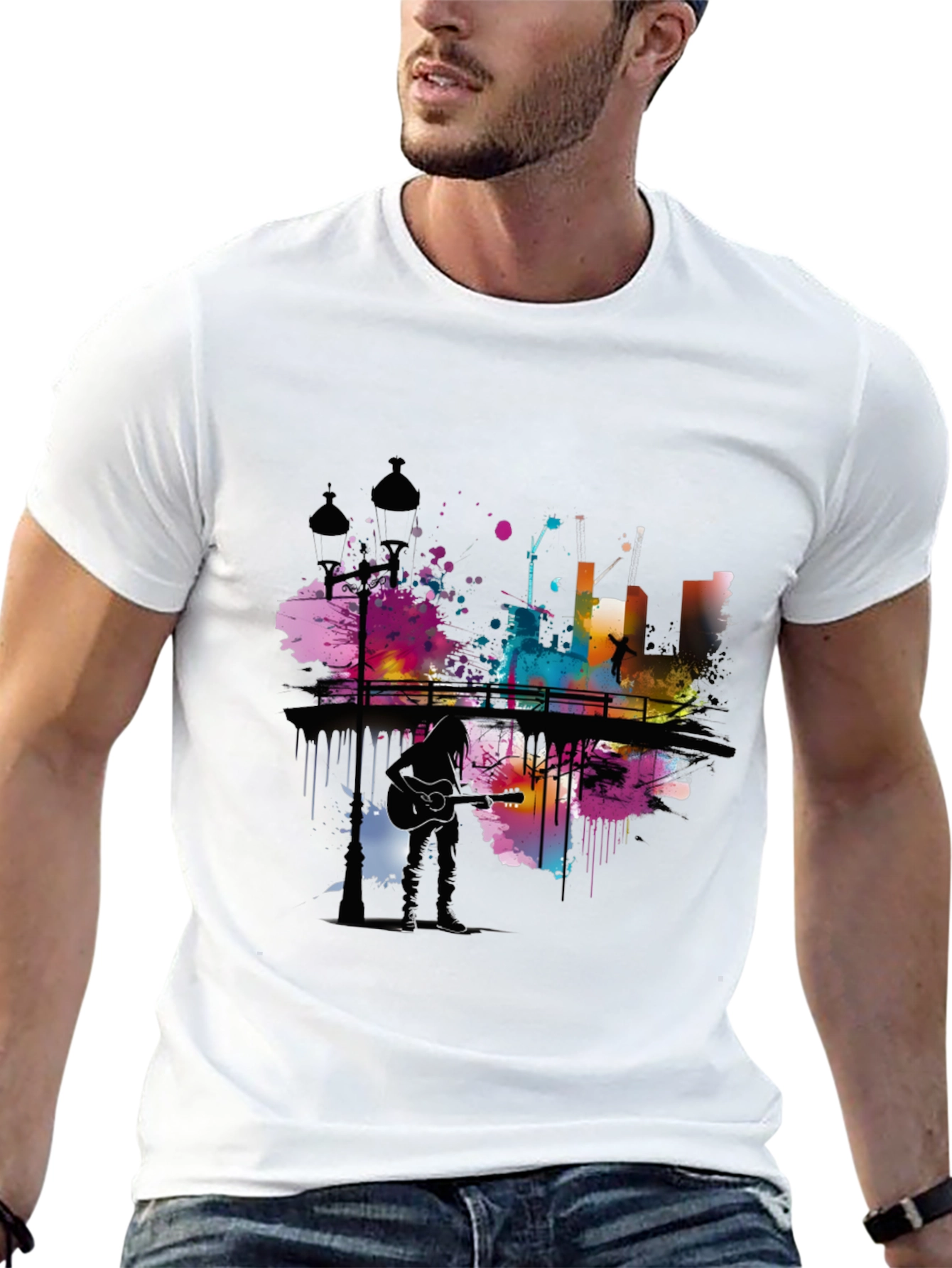 Abstract Cityscape Guitar Player Graphic T-Shirt