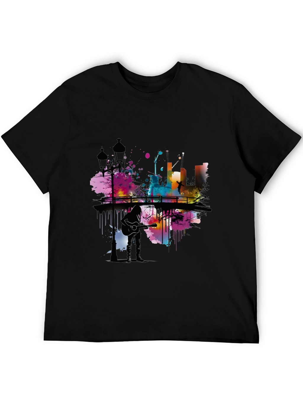 Abstract Cityscape Guitar Player Graphic T-Shirt