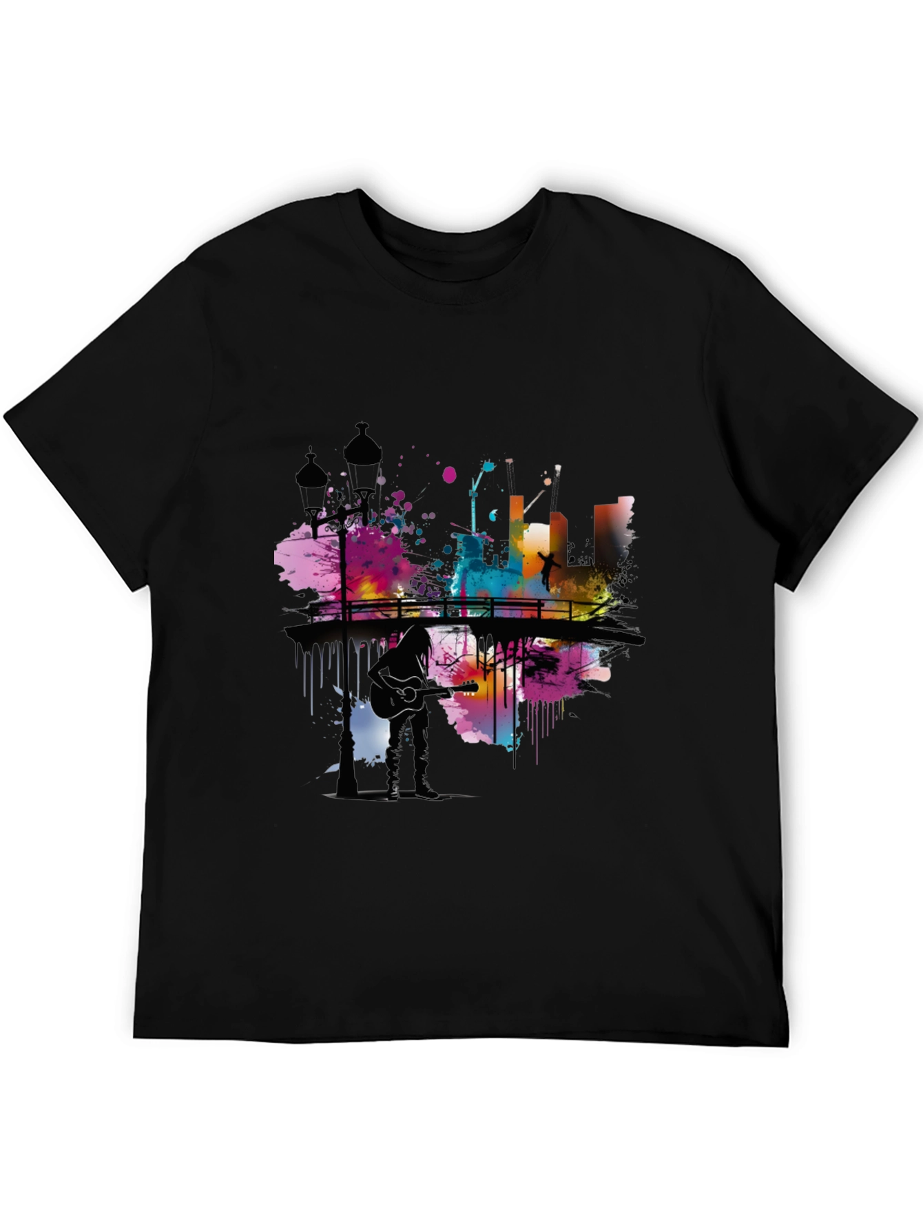 Abstract Cityscape Guitar Player Graphic T-Shirt