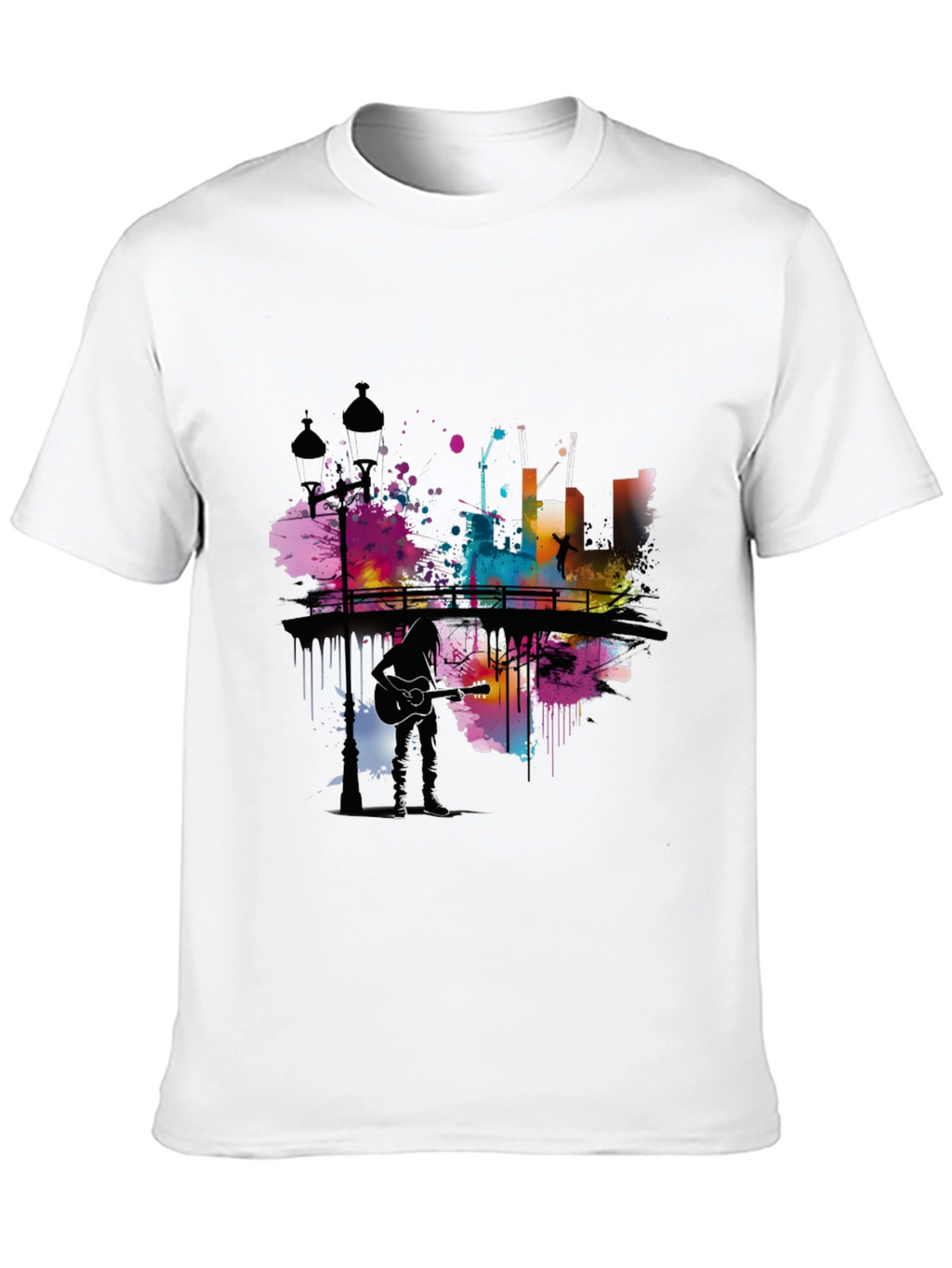 Abstract Cityscape Guitar Player Graphic T-Shirt
