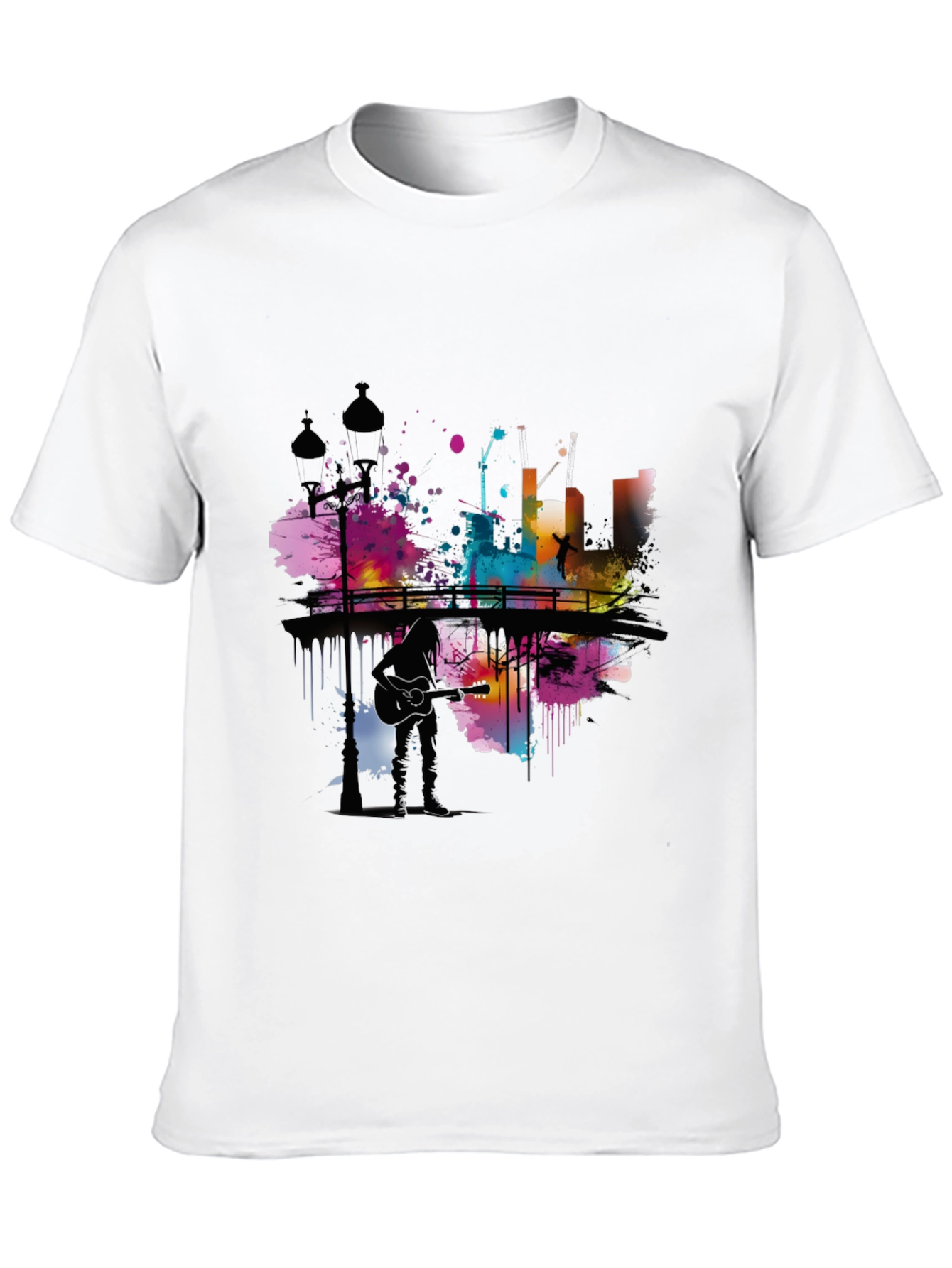 Abstract Cityscape Guitar Player Graphic T-Shirt