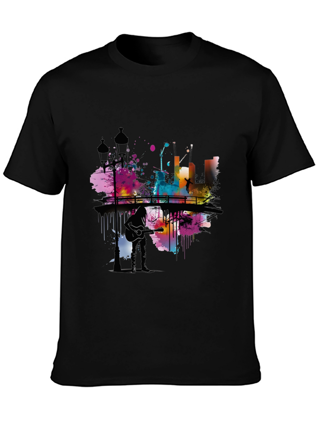 Abstract Cityscape Guitar Player Graphic T-Shirt