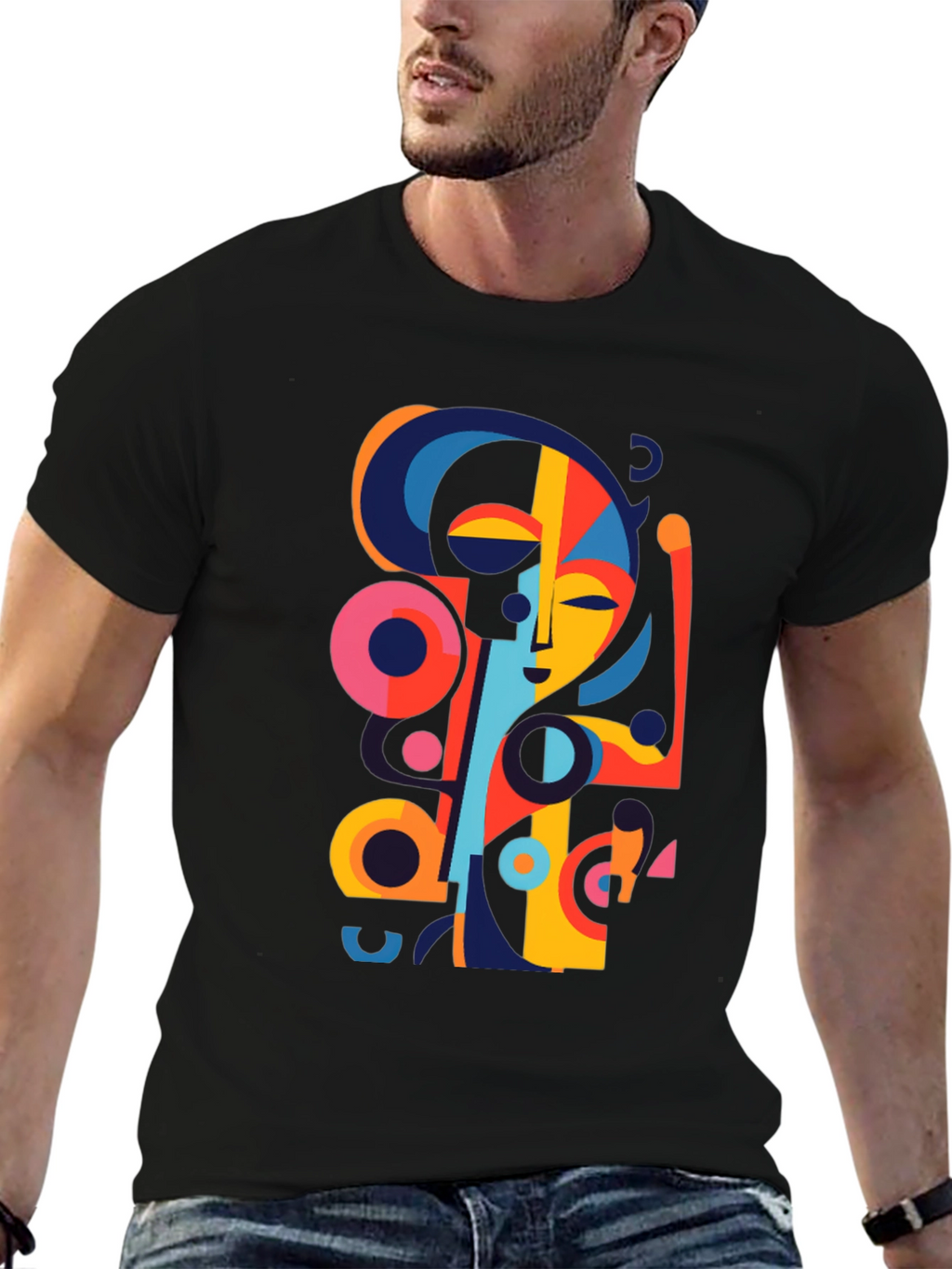 Abstract Face Graphic Black Tee