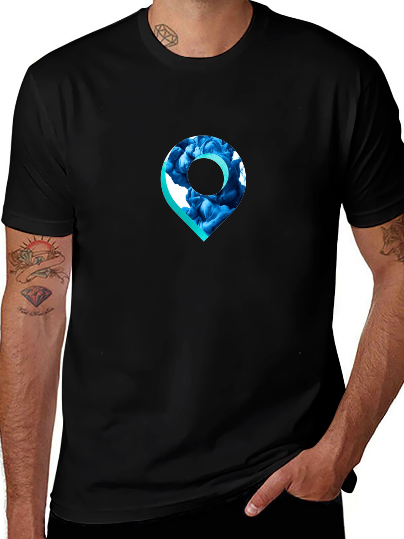 Stylish Black T-Shirt with Unique Location Pin Design