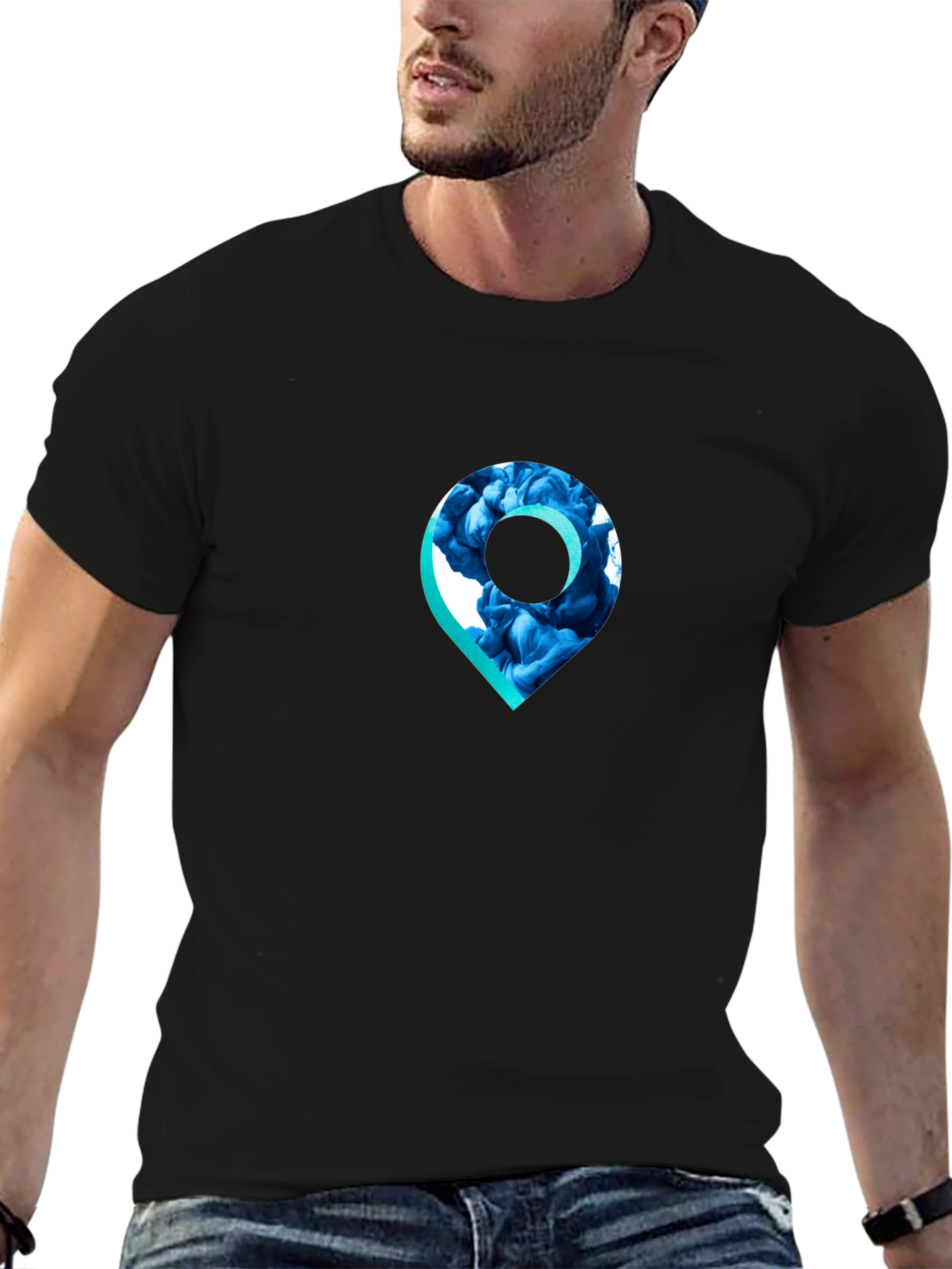 Stylish Black T-Shirt with Unique Location Pin Design