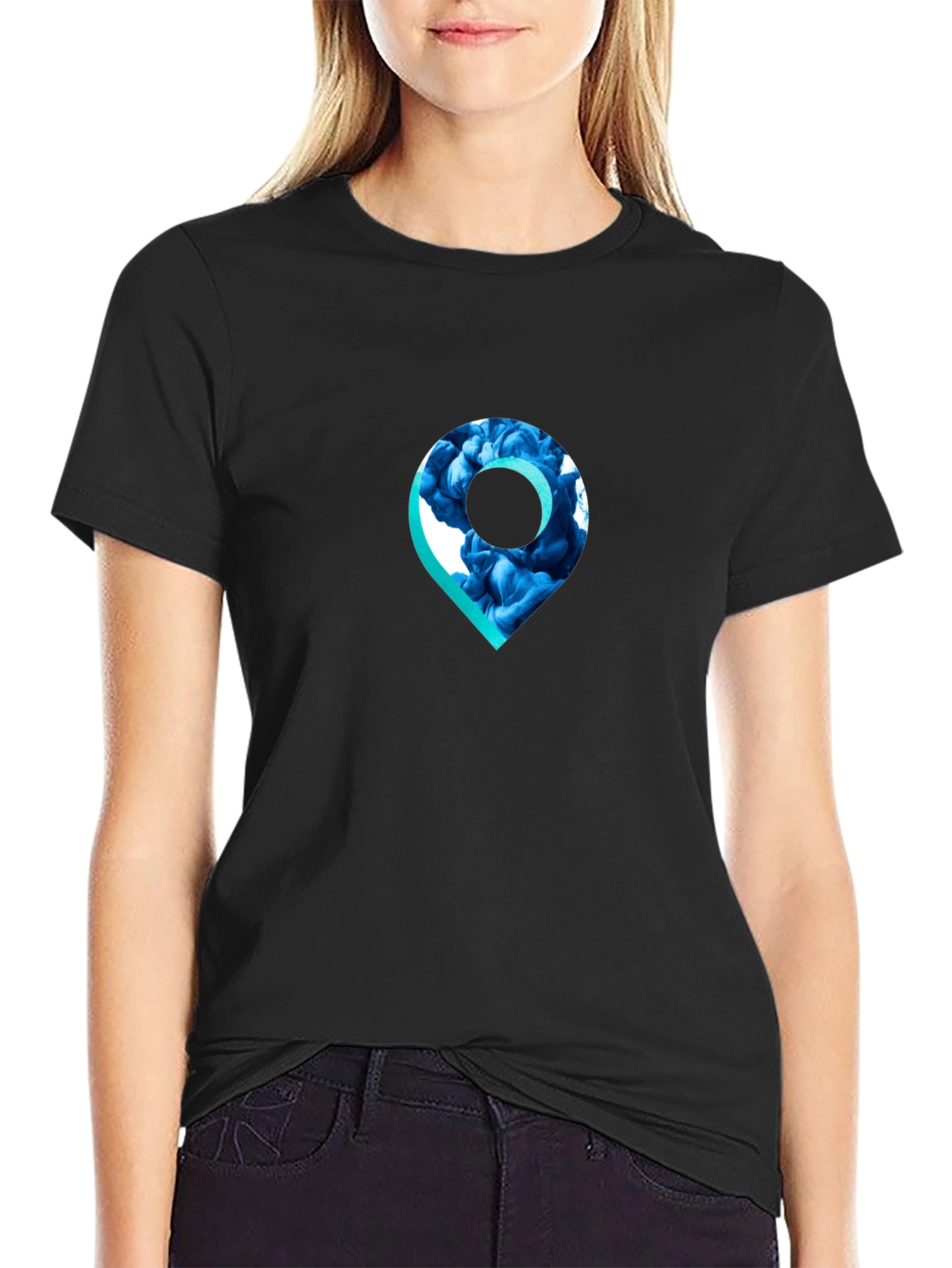 Stylish Black T-Shirt with Unique Location Pin Design
