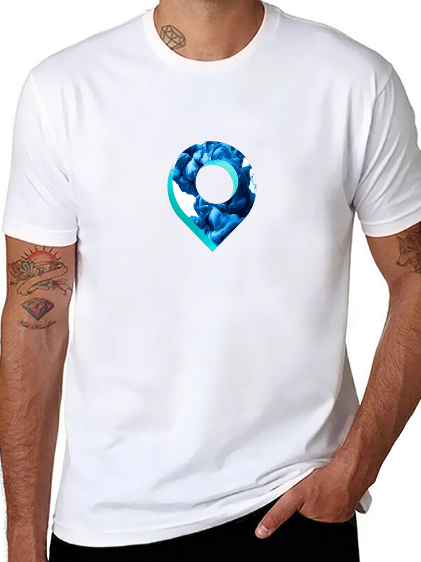 Stylish Black T-Shirt with Unique Location Pin Design