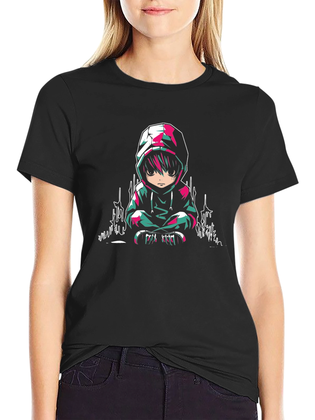 Anime Character Graphic Print Black T-Shirt