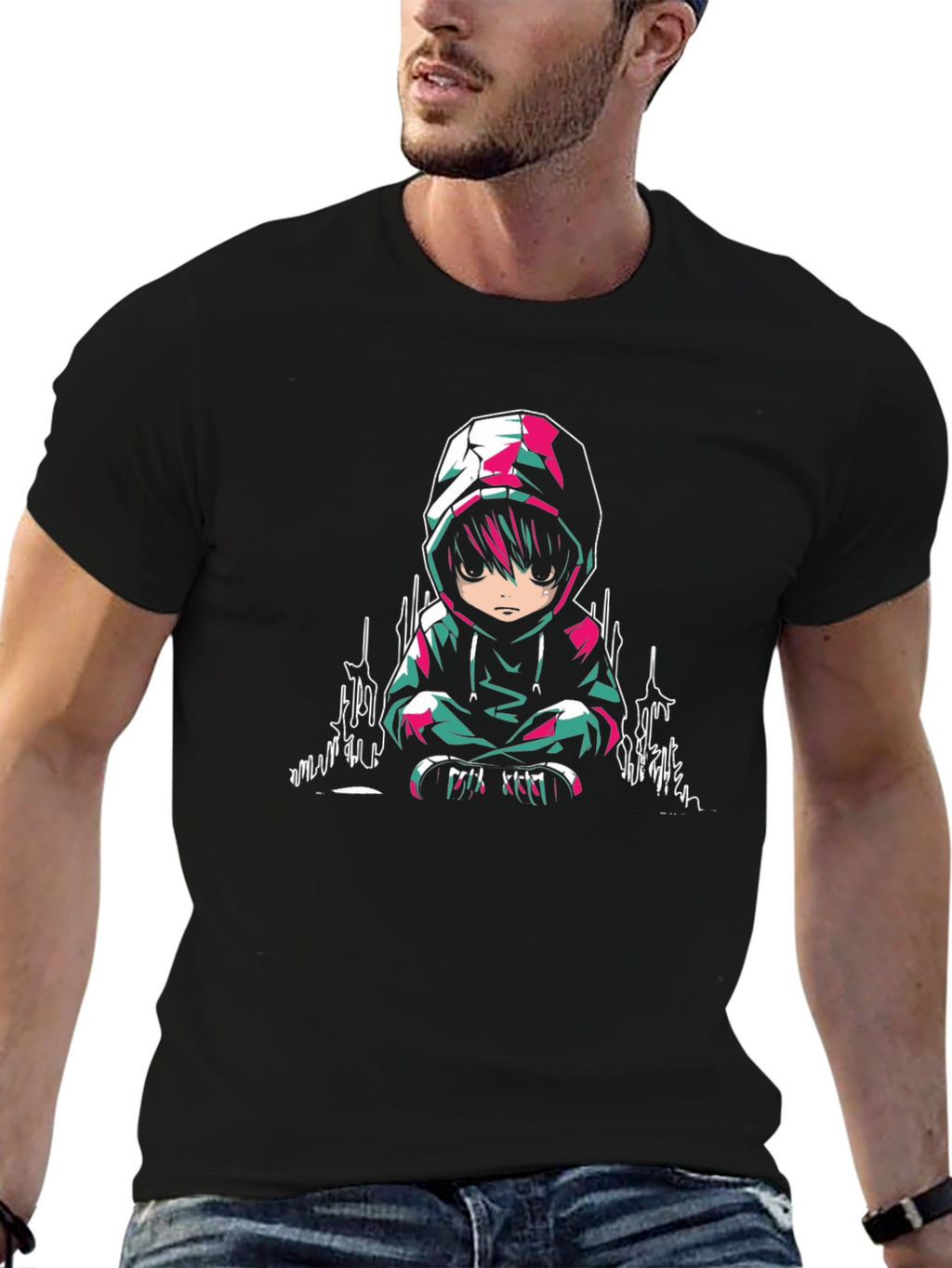 Anime Character Graphic Print Black T-Shirt