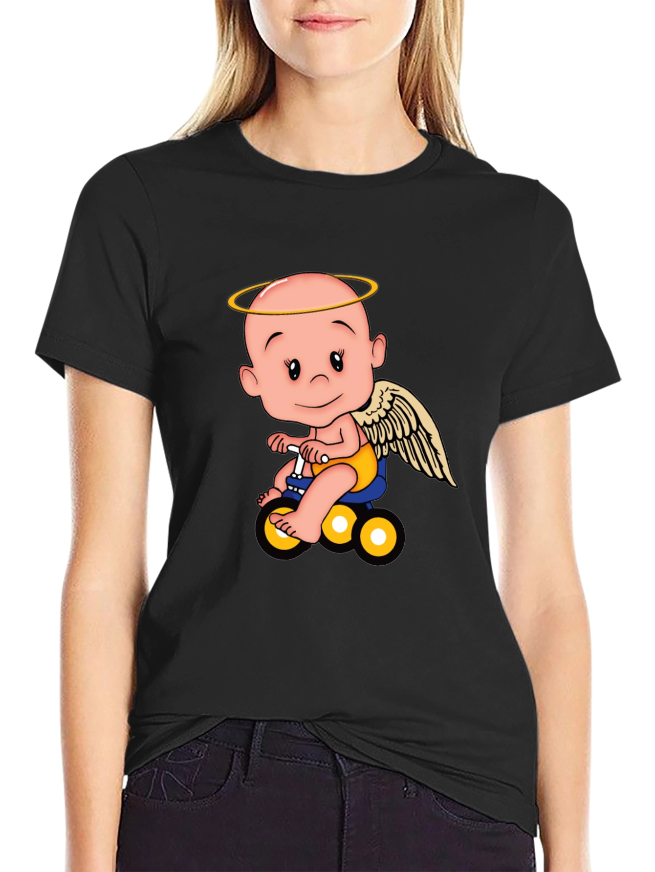 Angel Baby on Bike Graphic Tee - Black