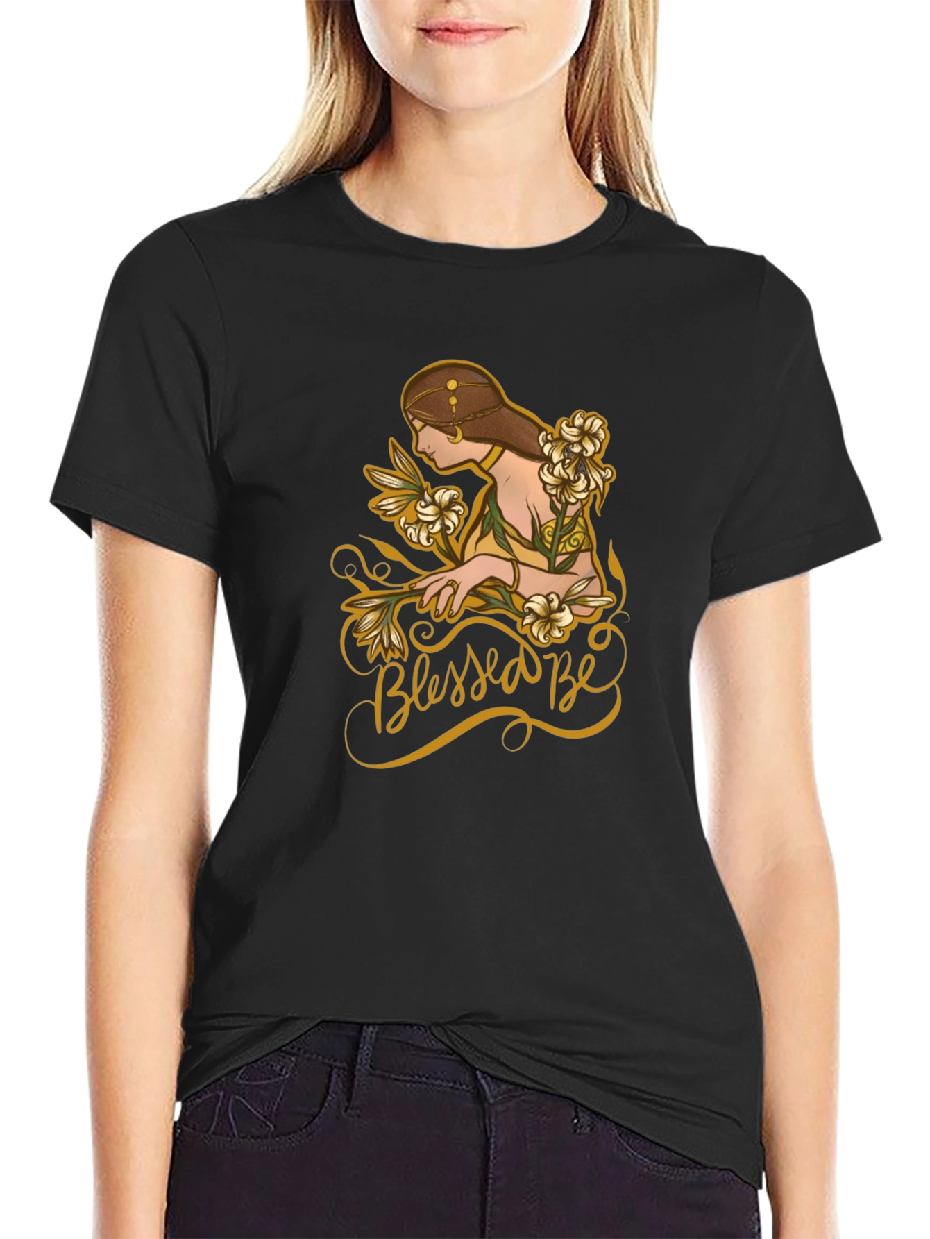 Blessed Be Woman Floral Graphic Black Tee