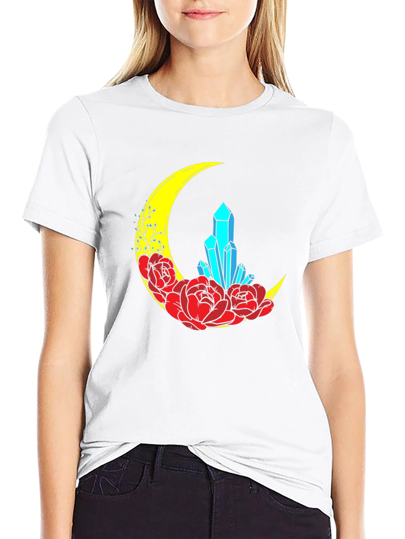 Crescent Moon Crystal and Floral Graphic T-Shirt