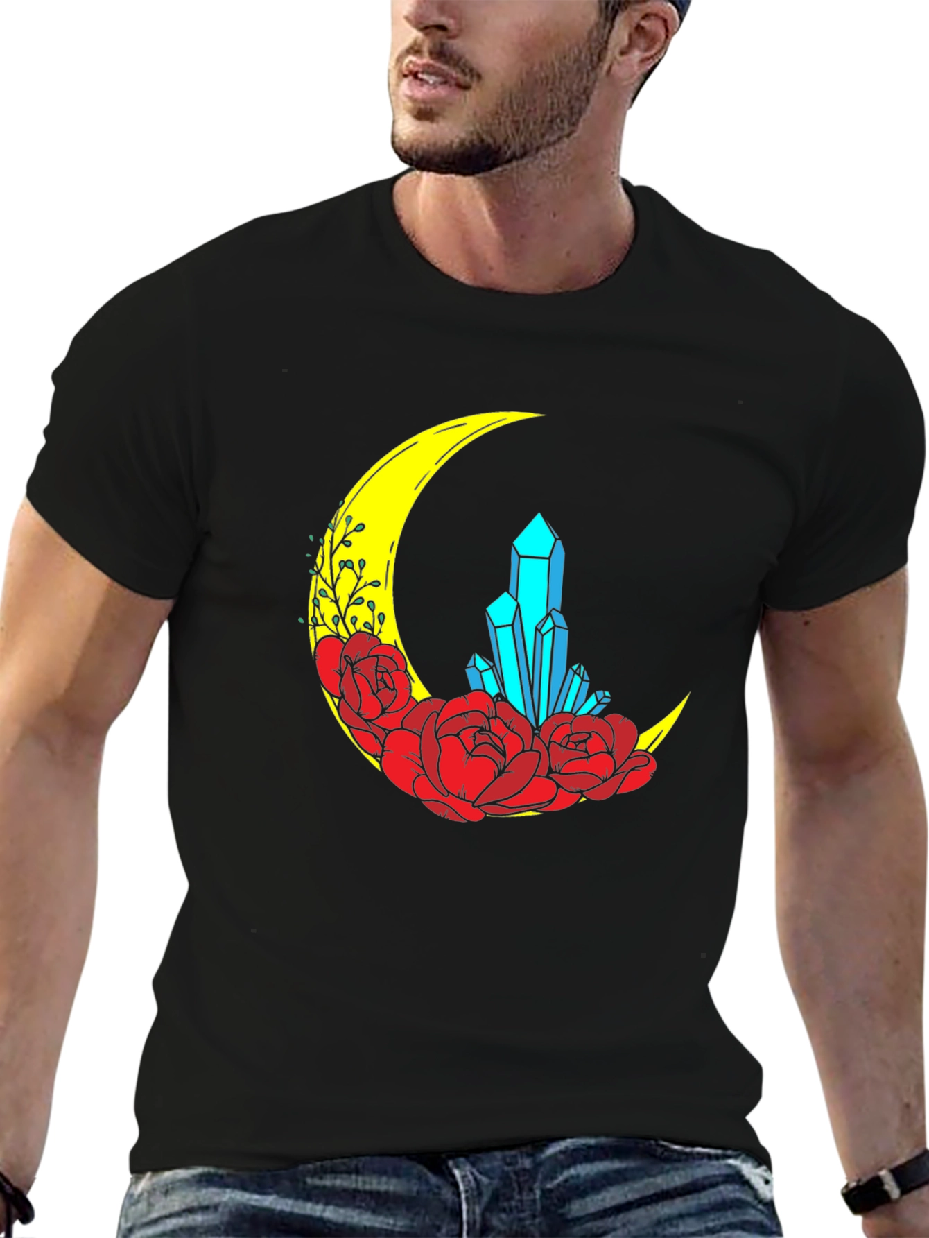 Crescent Moon Crystal and Floral Graphic T-Shirt