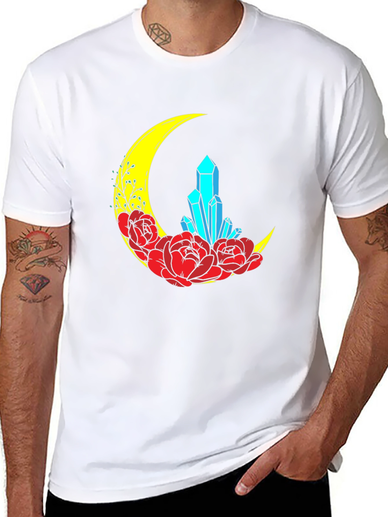 Crescent Moon Crystal and Floral Graphic T-Shirt