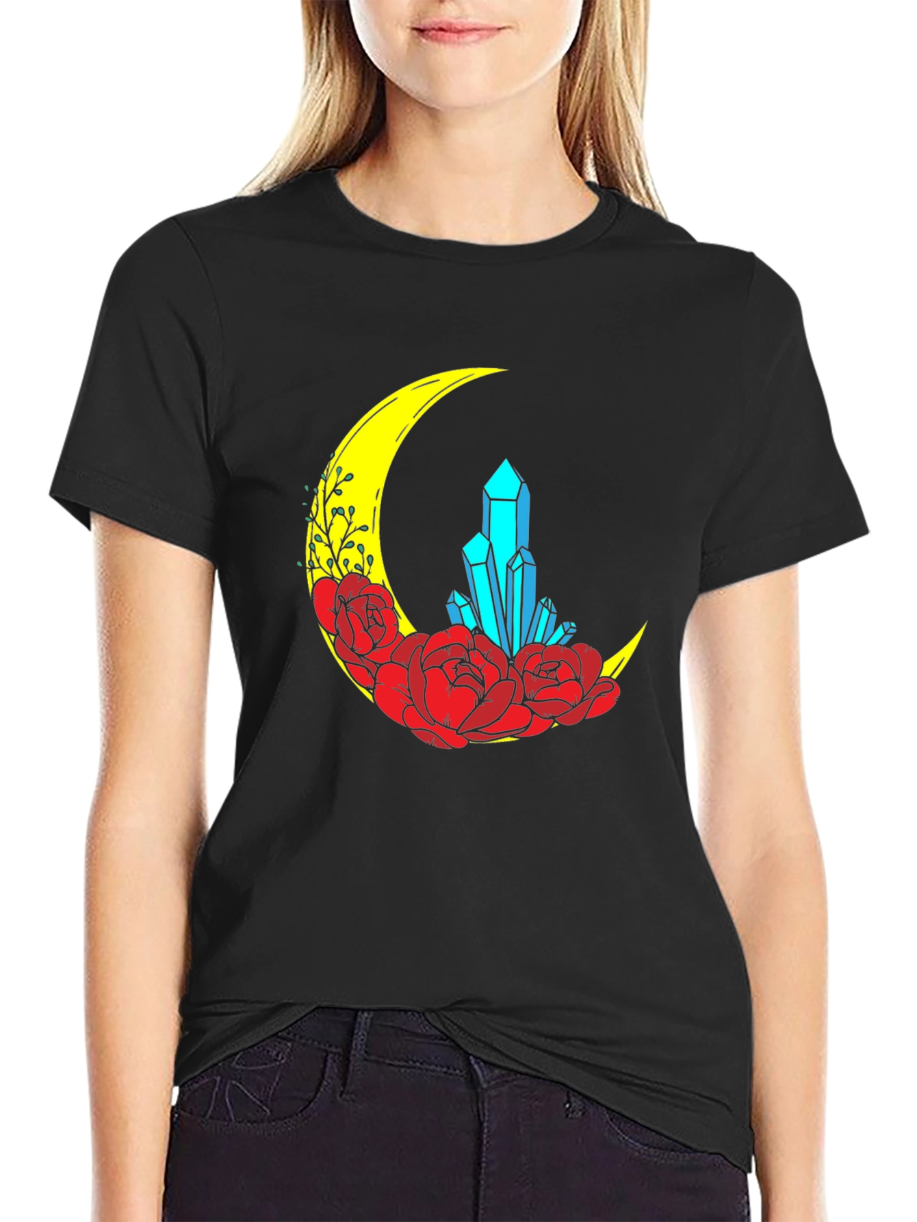 Crescent Moon Crystal and Floral Graphic T-Shirt