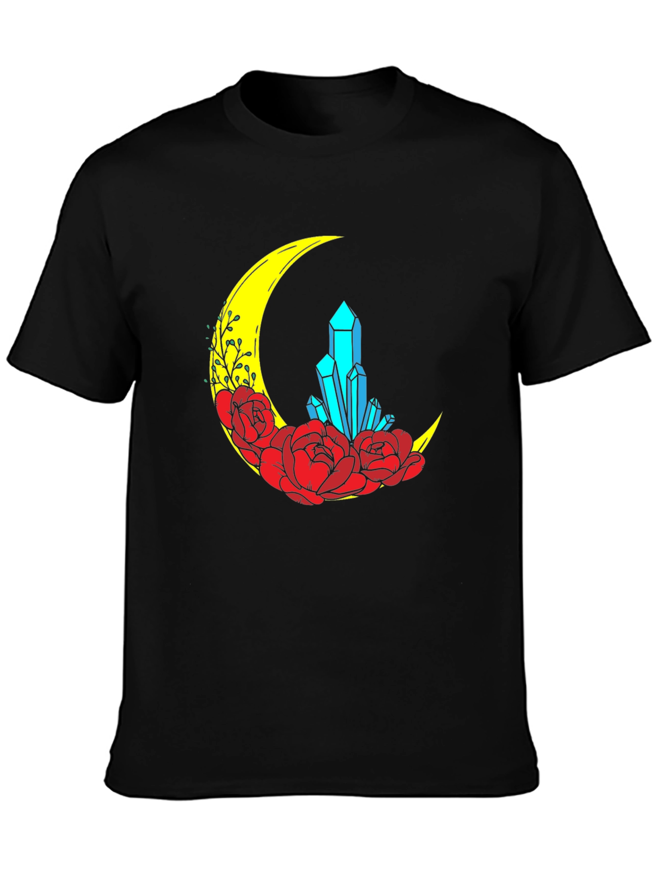 Crescent Moon Crystal and Floral Graphic T-Shirt