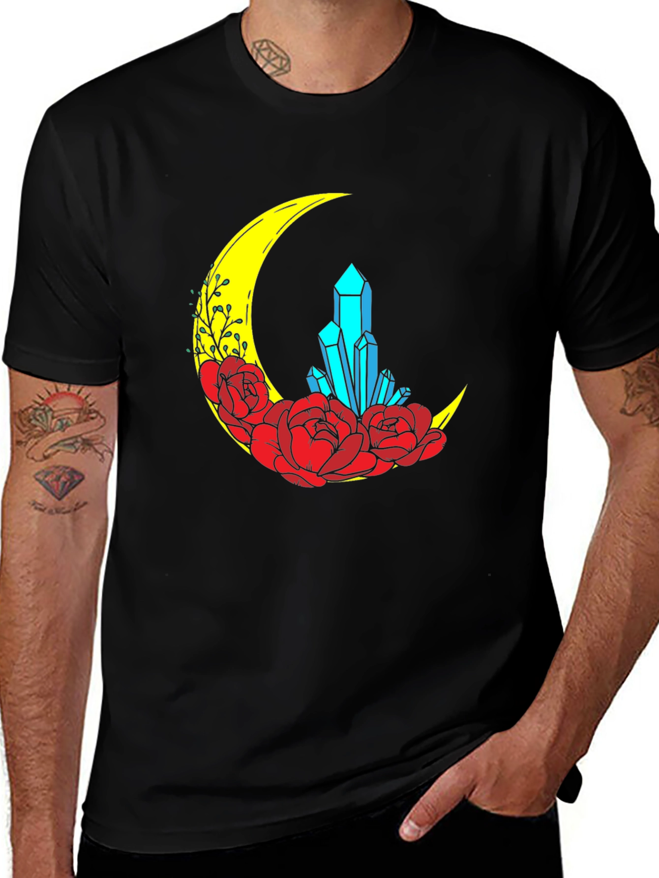 Crescent Moon Crystal and Floral Graphic T-Shirt