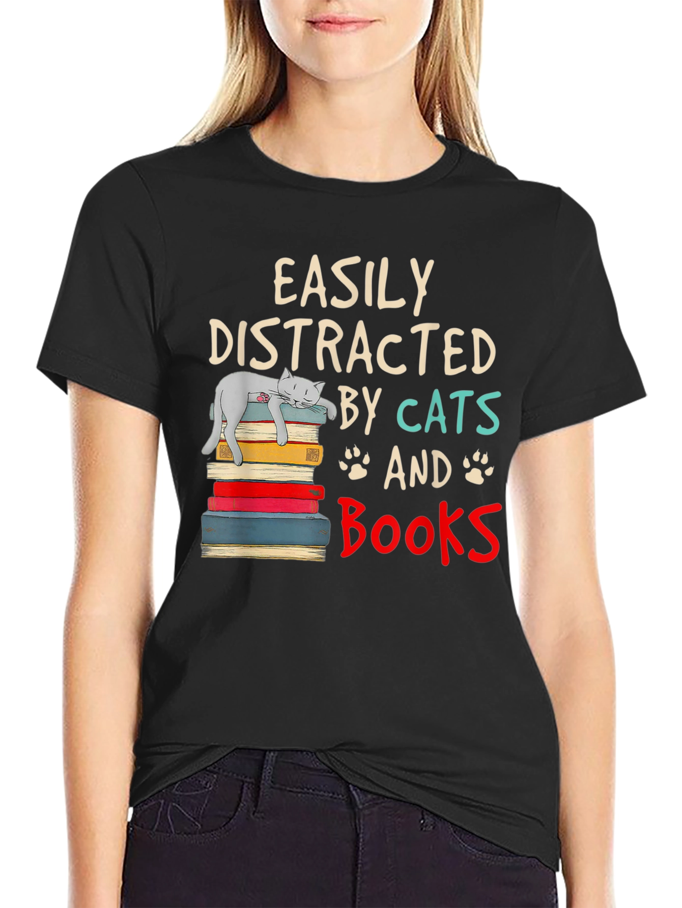 Easily Distracted by Cats and Books T-Shirt