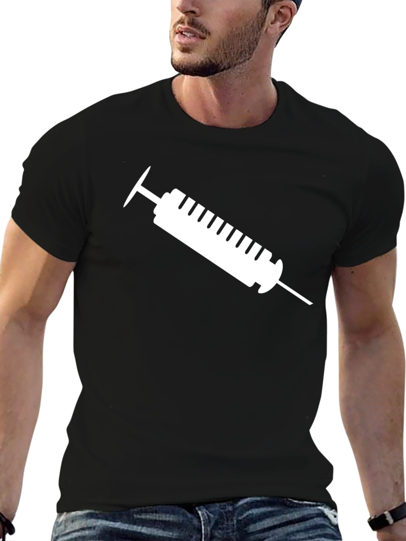 Black T-Shirt with Syringe Graphic