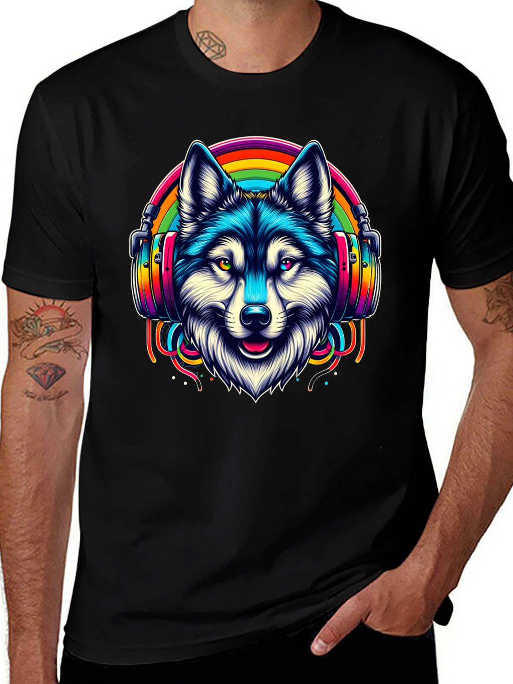 Wolf Rainbow Headphone Graphic Tee