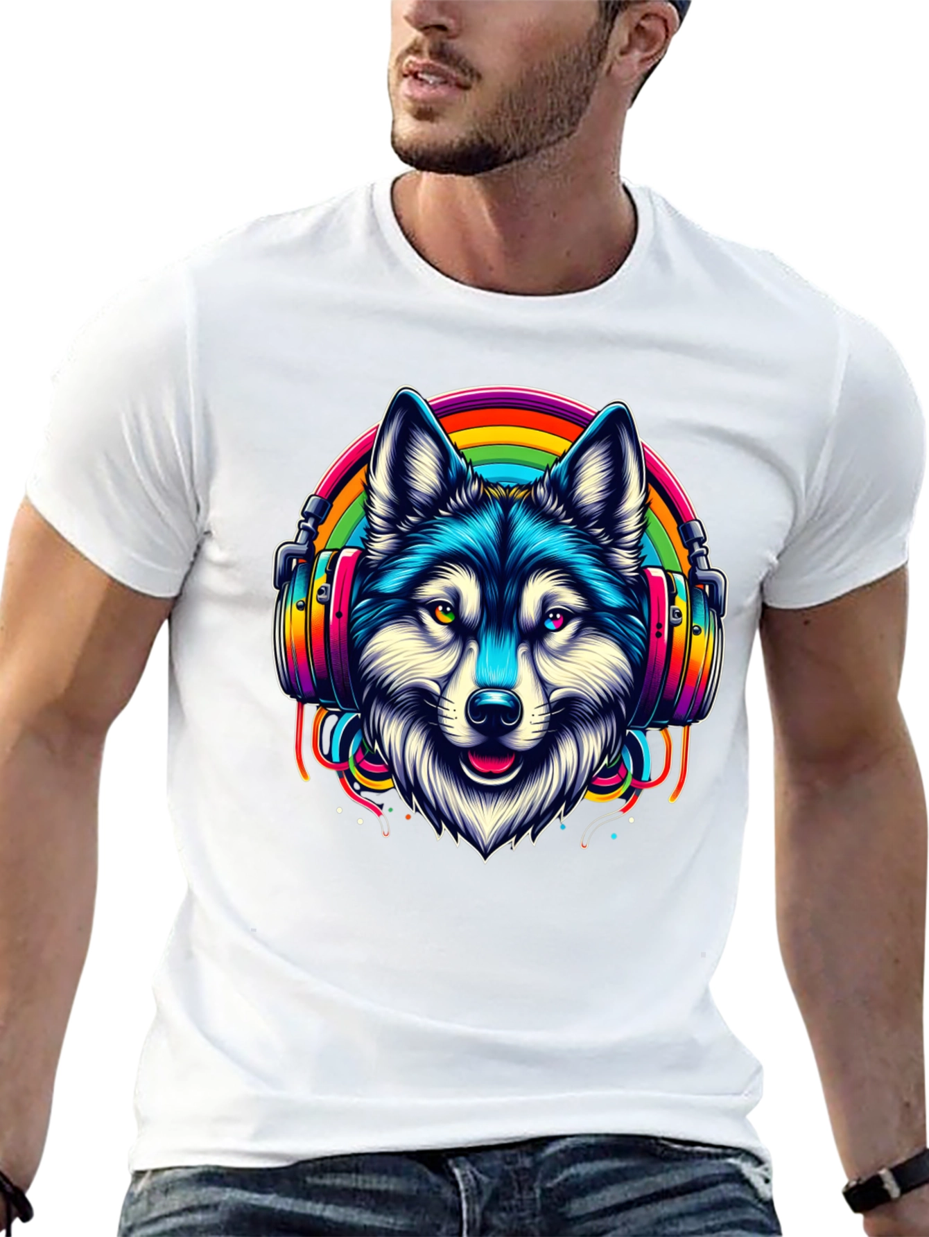 Wolf Rainbow Headphone Graphic Tee