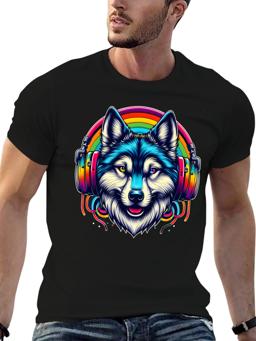 Wolf Rainbow Headphone Graphic Tee