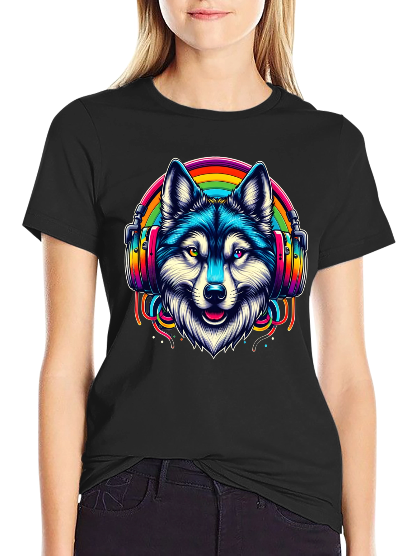 Wolf Rainbow Headphone Graphic Tee