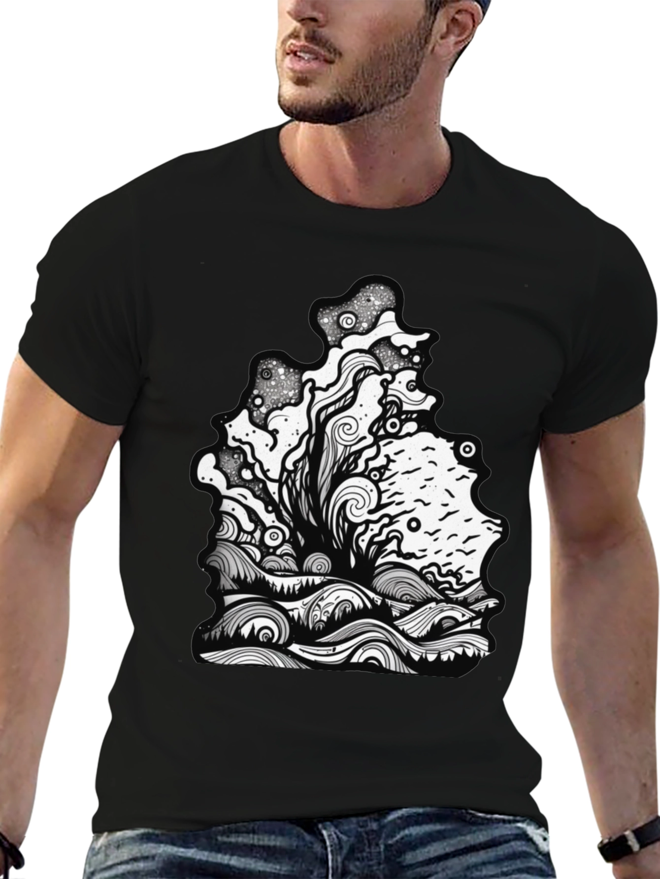 Unique Graphic Print Black Tee