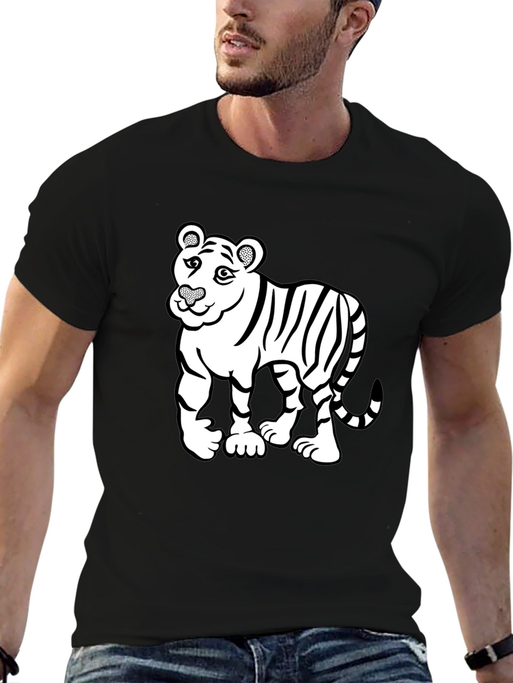 Cartoon Tiger Graphic Print Mens Black T-Shirt