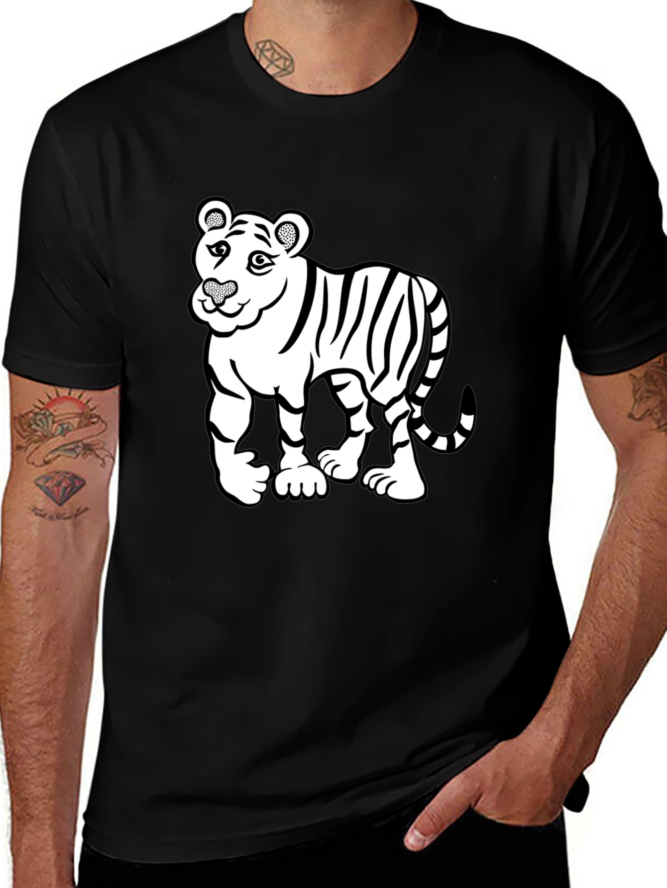 Cartoon Tiger Graphic Print Mens Black T-Shirt
